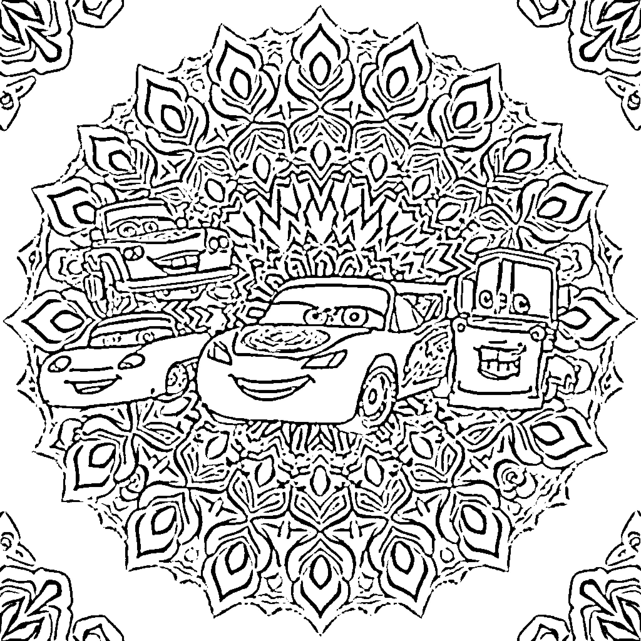 Cars with whimsical designs in ornamental patterns Coloring Page (free black-and-white line drawing printable PDF for all, from beginners to advanced learners, including children, teens, adults, and seniors)