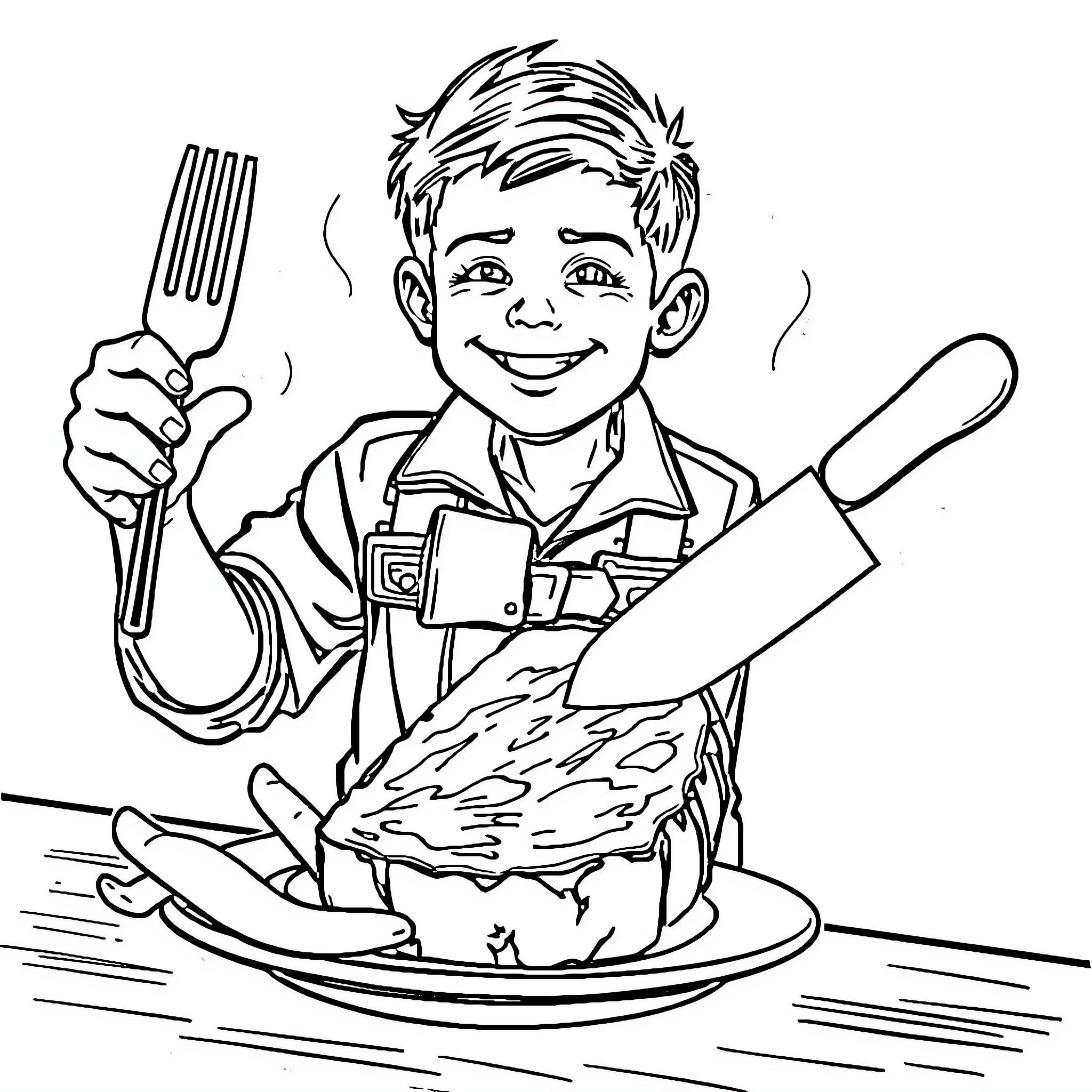 Boy cooking a meal with enthusiasm Coloring Page (free black-and-white line drawing printable PDF for all, from beginners to advanced learners, including children, teens, adults, and seniors)