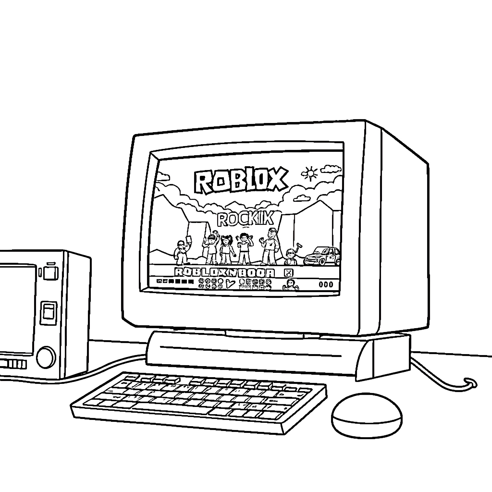 Roblox characters displayed on desktop computer Coloring Page (free black-and-white line drawing printable PDF for all, from beginners to advanced learners, including children, teens, adults, and seniors)