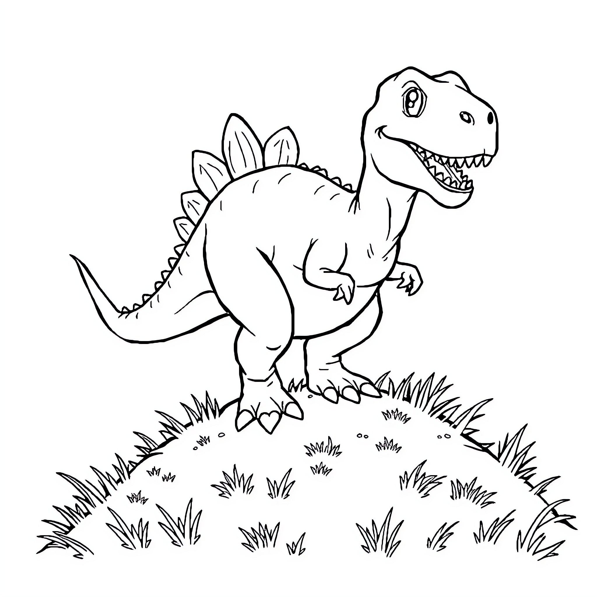 T-Rex stomping joyfully through the grasslands Coloring Page (free black-and-white line drawing printable PDF for all, from beginners to advanced learners, including children, teens, adults, and seniors)