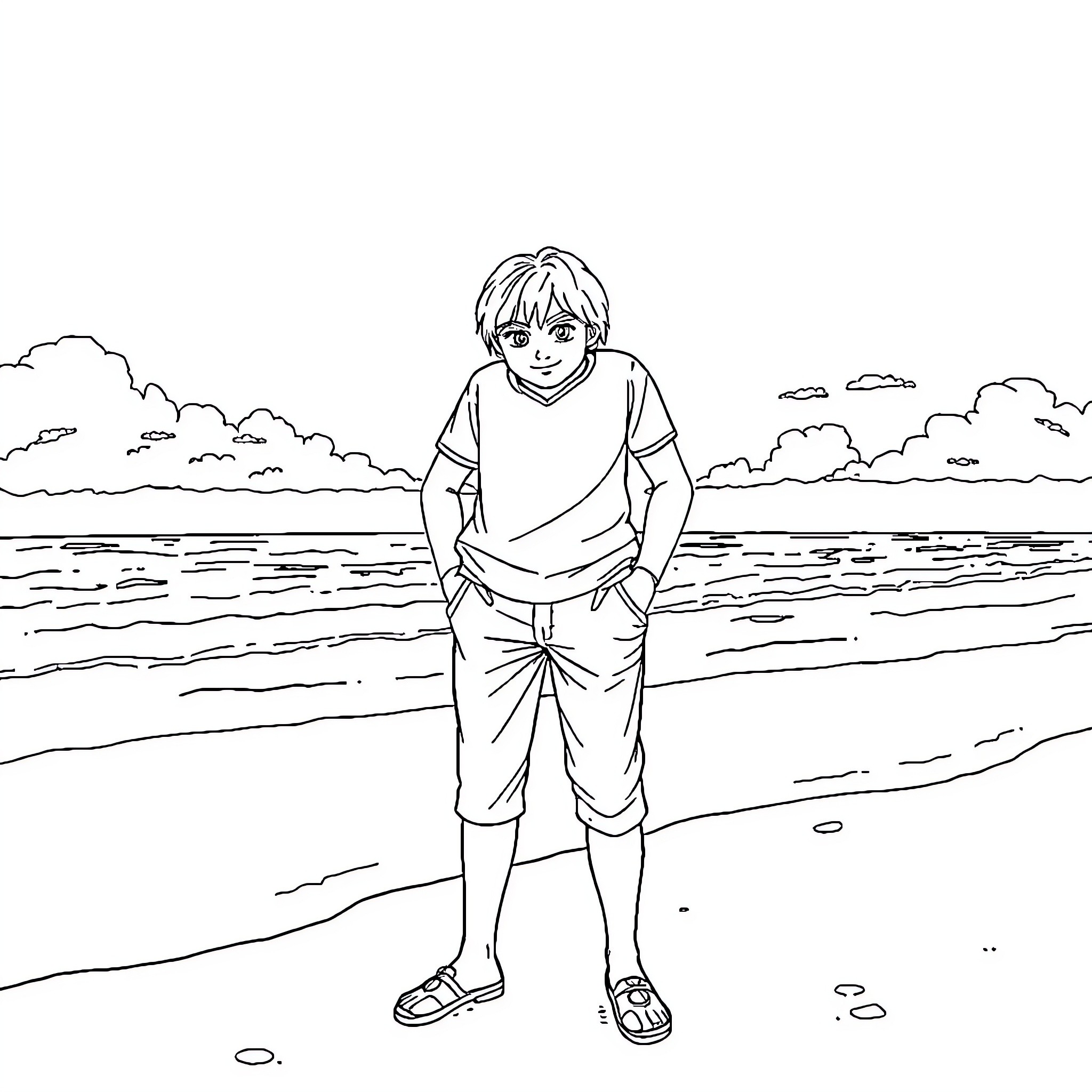 Hermione Granger enjoying a peaceful beach scene Coloring Page (free black-and-white line drawing printable PDF for all, from beginners to advanced learners, including children, teens, adults, and seniors)