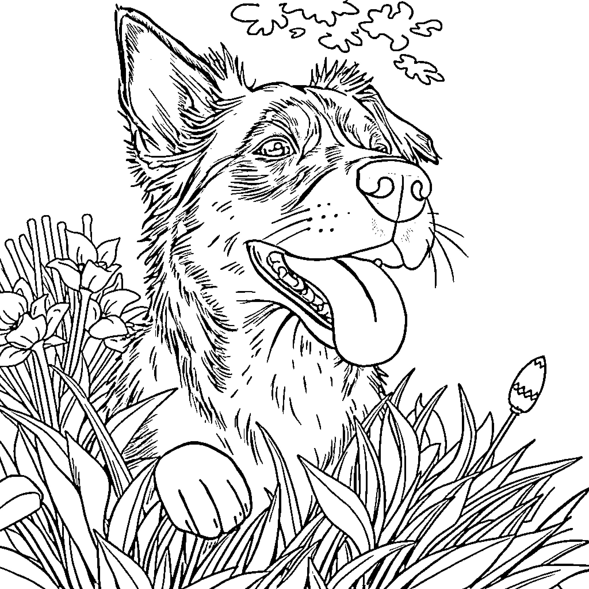 Dog enjoying the outdoors in nature Coloring Page (free black-and-white line drawing printable PDF for all, from beginners to advanced learners, including children, teens, adults, and seniors)