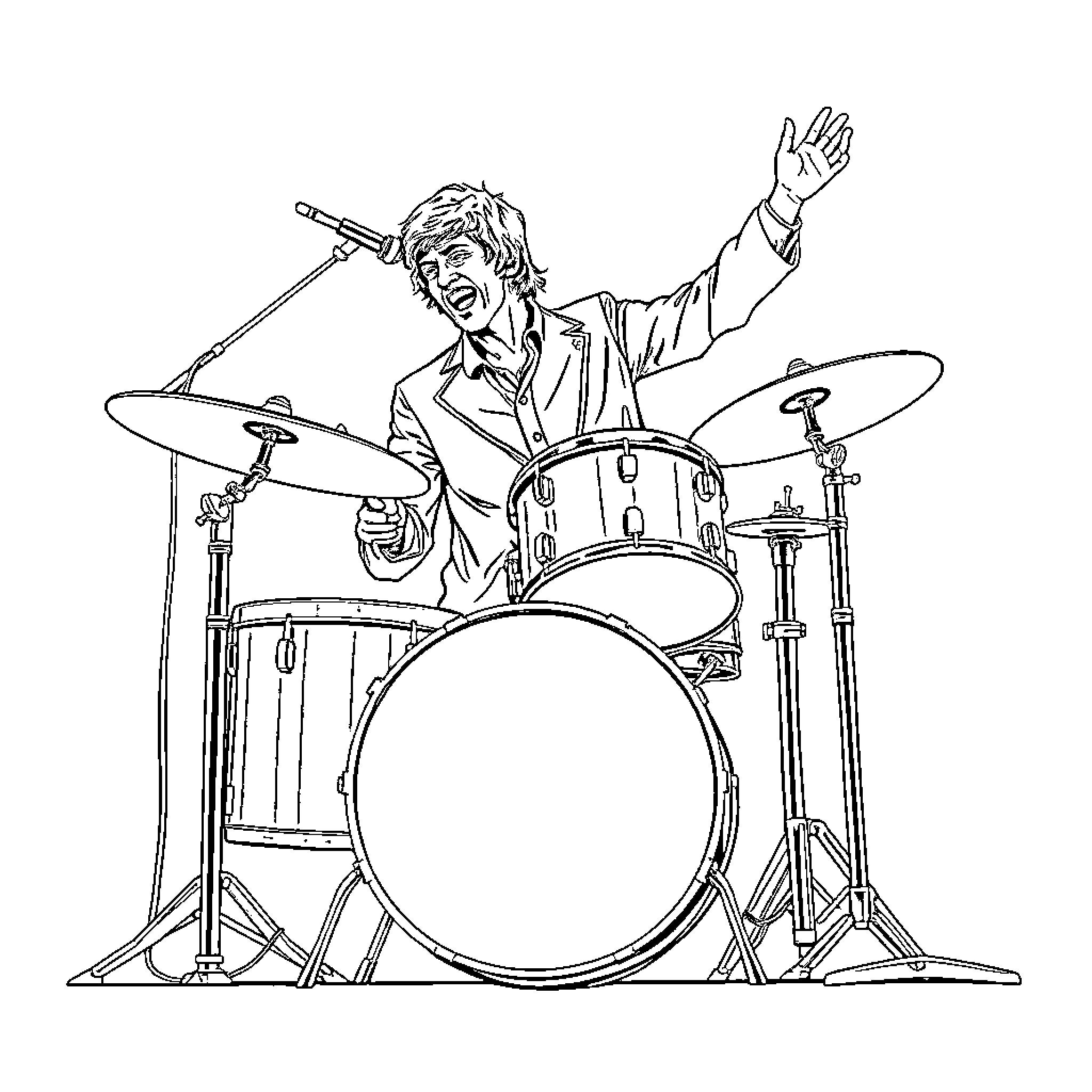 Ringo Starr drumming enthusiastically on stage Coloring Page (free black-and-white line drawing printable PDF for all, from beginners to advanced learners, including children, teens, adults, and seniors)