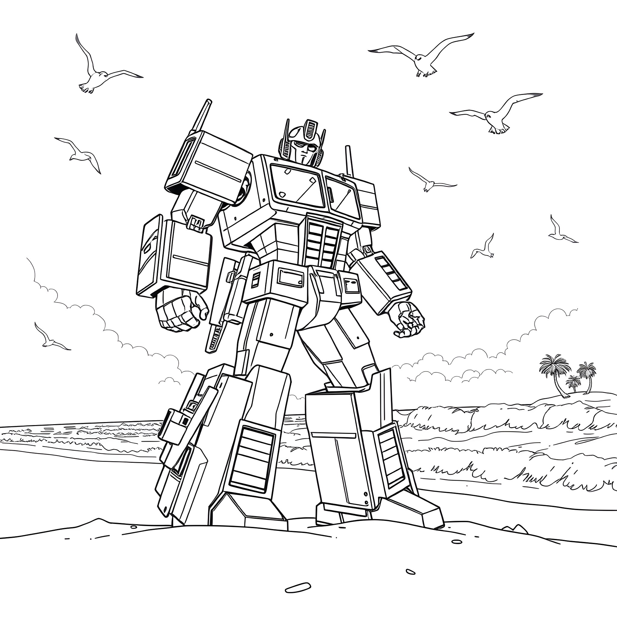 Optimus Prime standing tall on a beachfront Coloring Page (free black-and-white line drawing printable PDF for all, from beginners to advanced learners, including children, teens, adults, and seniors)