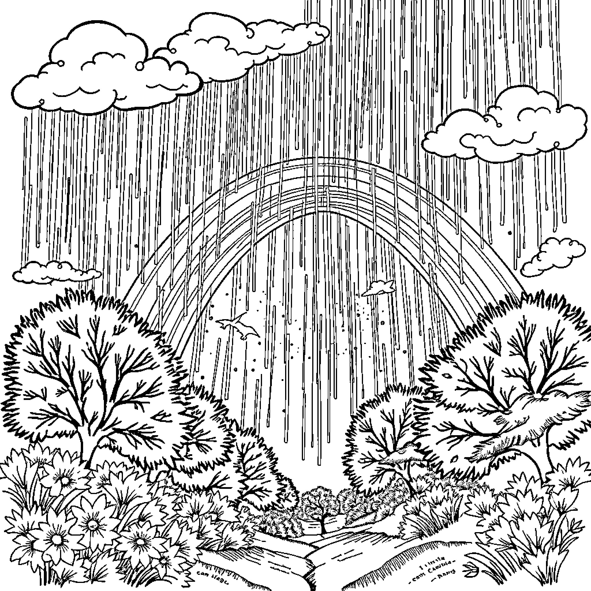 Rainbow of Nature's Tranquility Coloring Page (free black-and-white line drawing printable PDF for all, from beginners to advanced learners, including children, teens, adults, and seniors)