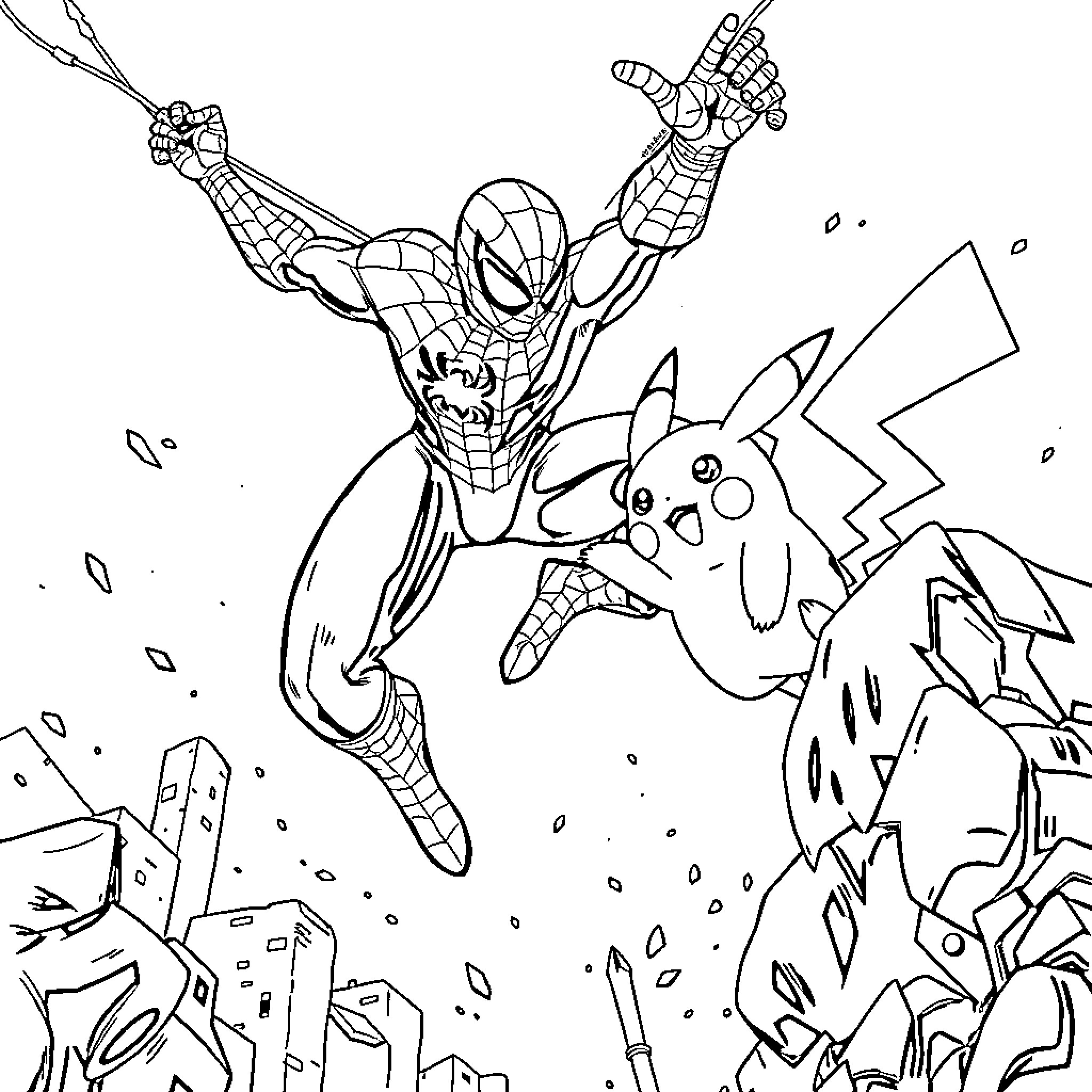 Spiderman swinging through city with Pikachu Coloring Page (free black-and-white line drawing printable PDF for all, from beginners to advanced learners, including children, teens, adults, and seniors)