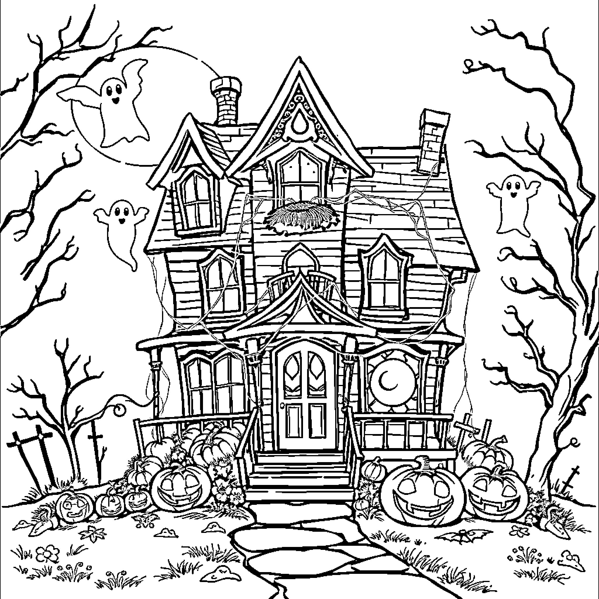 Halloween House with Haunted Scenes and Spooky Decor Coloring Page (free black-and-white line drawing printable PDF for all, from beginners to advanced learners, including children, teens, adults, and seniors)