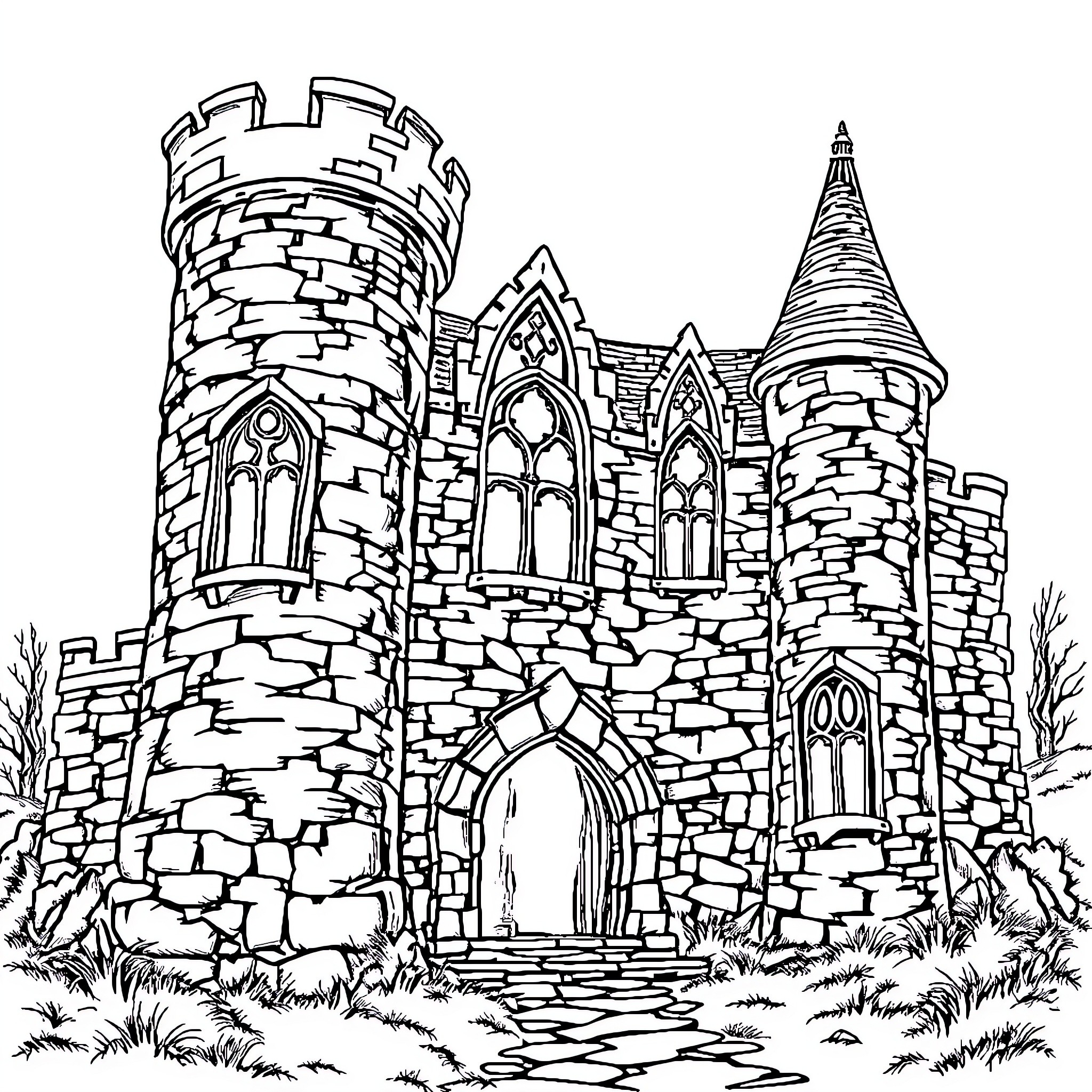 Castle with Ornate Architecture and Towering Spires Coloring Page (free black-and-white line drawing printable PDF for all, from beginners to advanced learners, including children, teens, adults, and seniors)