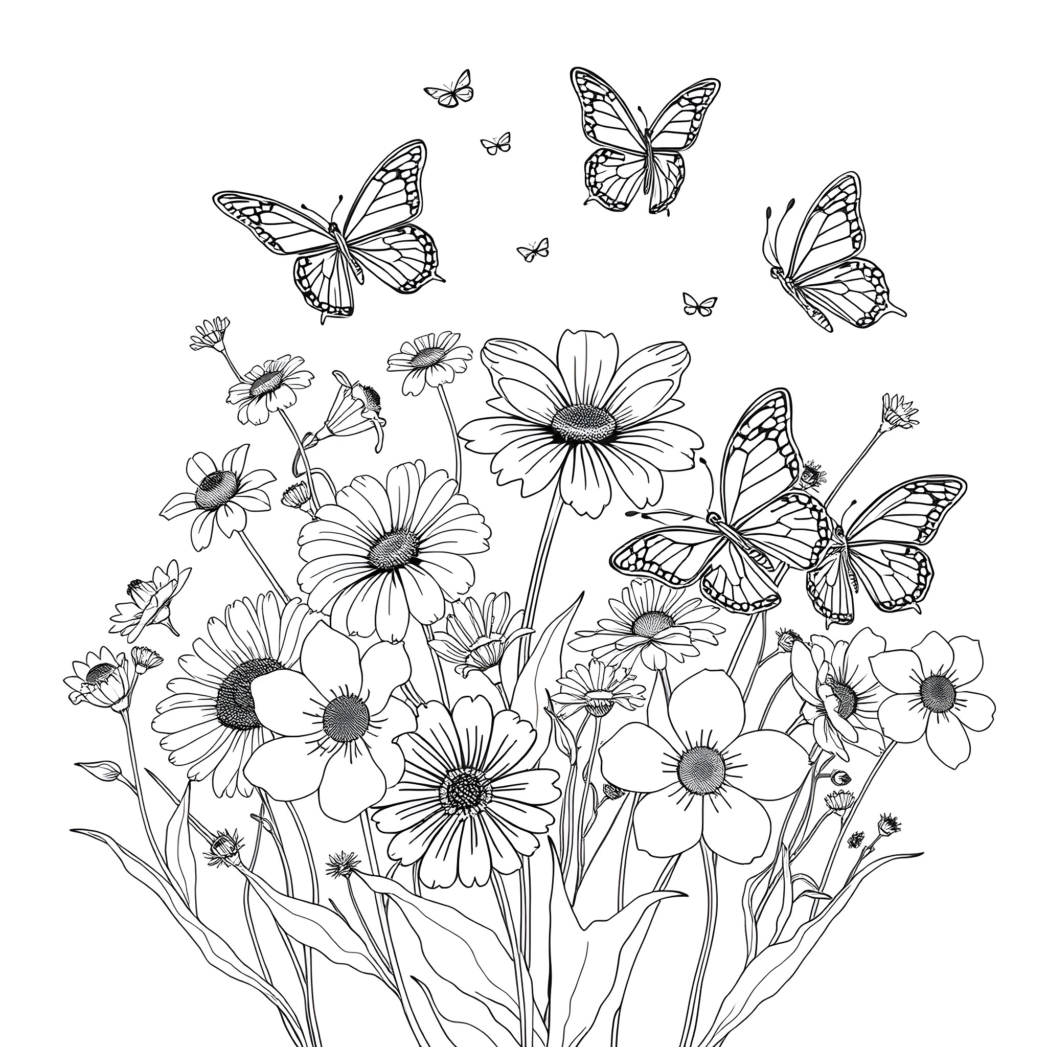 Flower garden with dancing butterflies Coloring Page (free black-and-white line drawing printable PDF for all, from beginners to advanced learners, including children, teens, adults, and seniors)