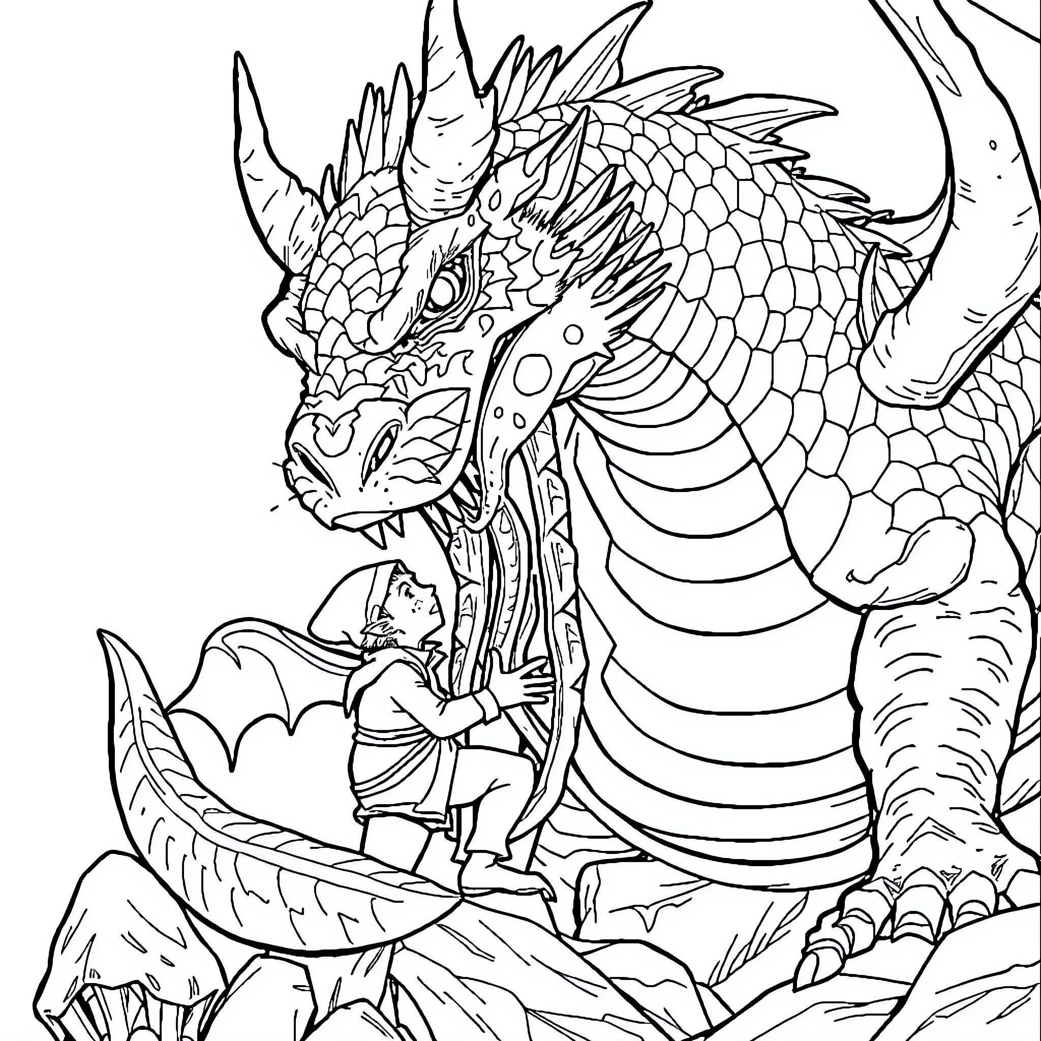 Dragon Rider Exploring a Mystical Landscape Coloring Page (free black-and-white line drawing printable PDF for all, from beginners to advanced learners, including children, teens, adults, and seniors)