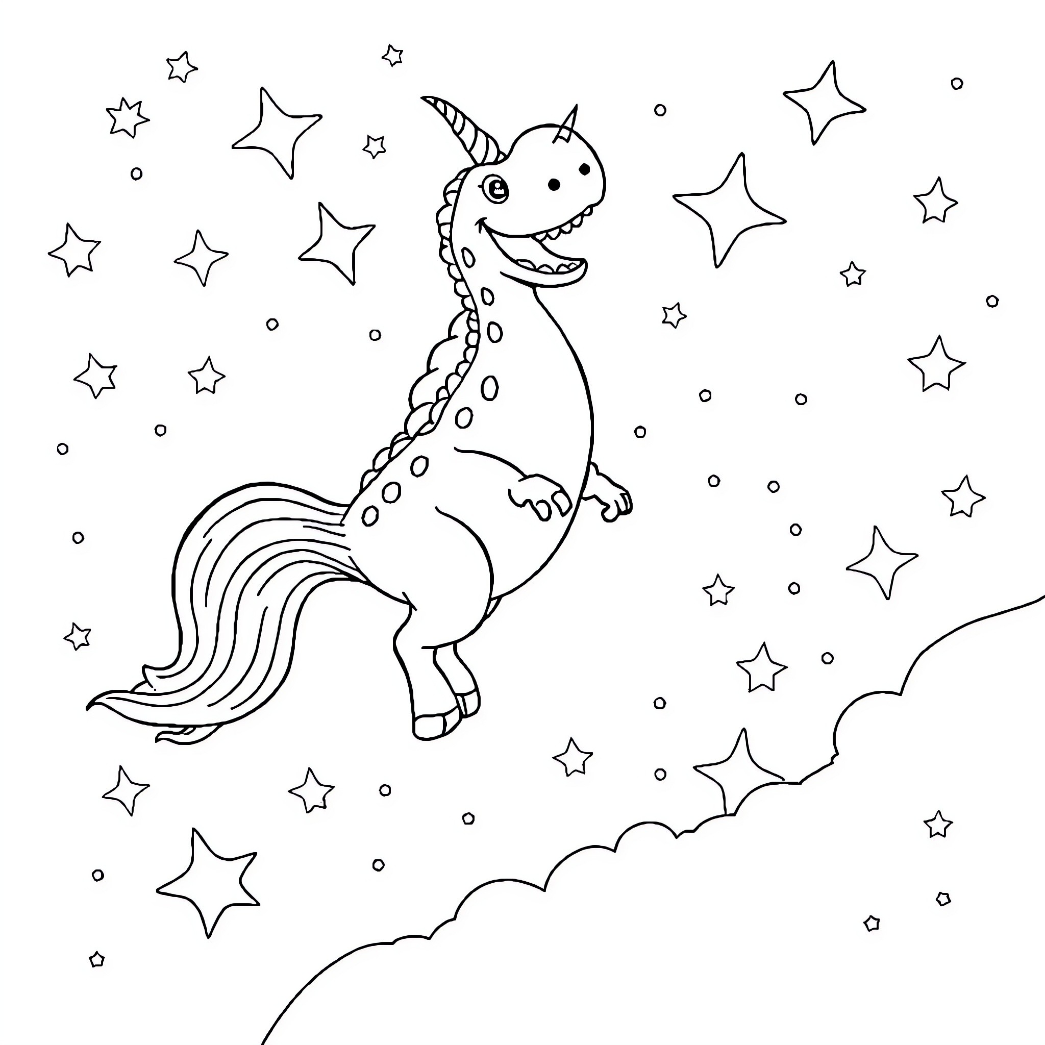 Dinosaur unicorn dancing among the stars Coloring Page (free black-and-white line drawing printable PDF for all, from beginners to advanced learners, including children, teens, adults, and seniors)