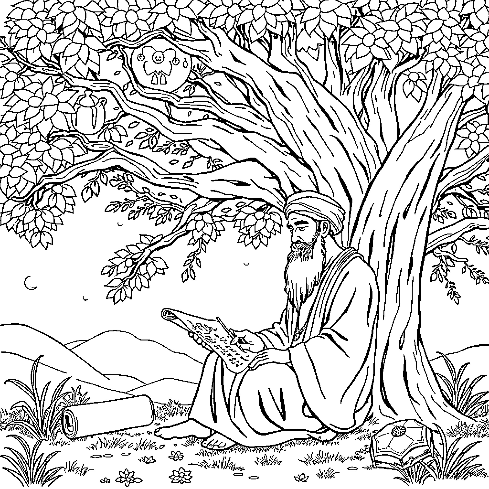 Rumi in contemplation under the ancient tree Coloring Page (free black-and-white line drawing printable PDF for all, from beginners to advanced learners, including children, teens, adults, and seniors)