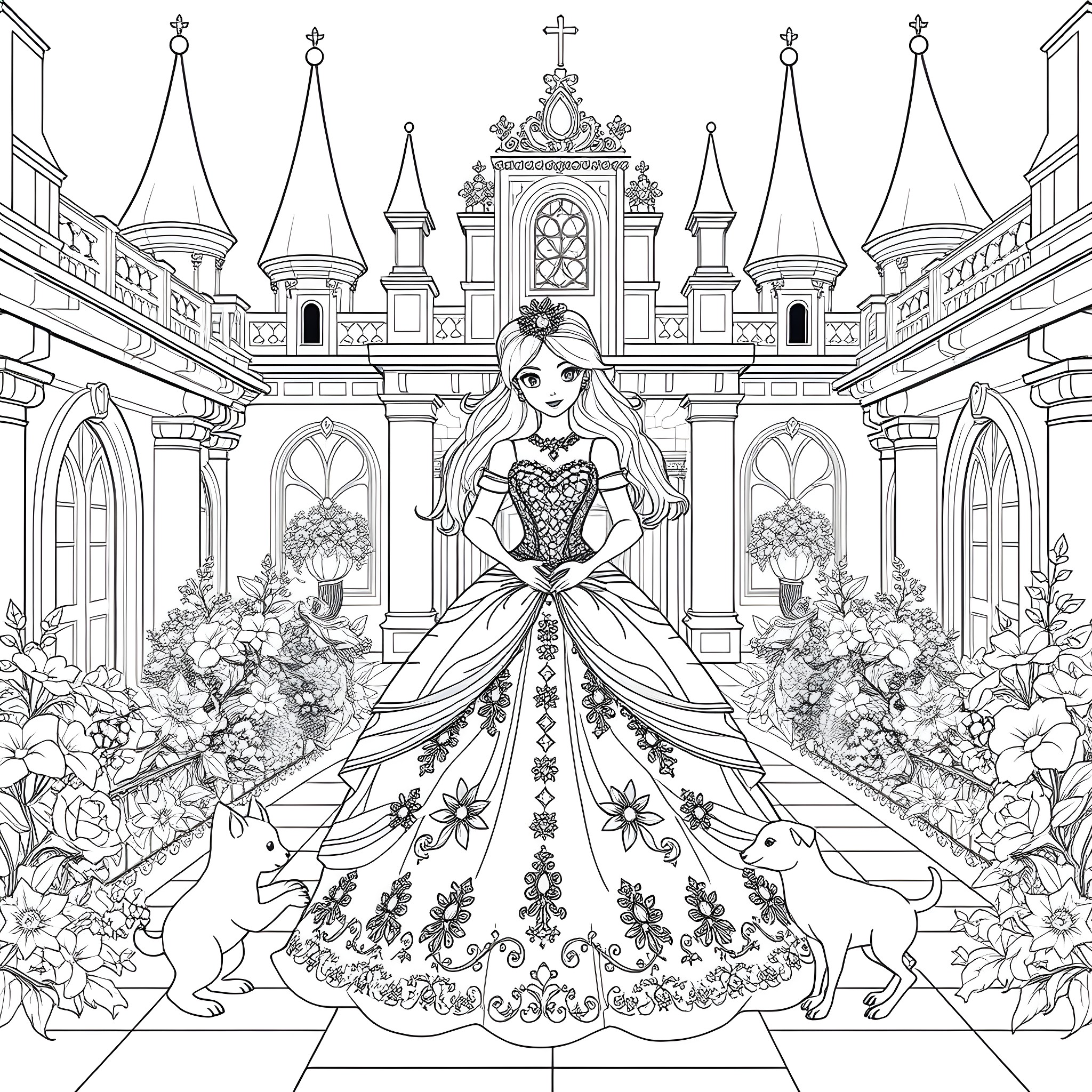 Bluey's Enchanted Castle Celebration Coloring Page (free black-and-white line drawing printable PDF for all, from beginners to advanced learners, including children, teens, adults, and seniors)