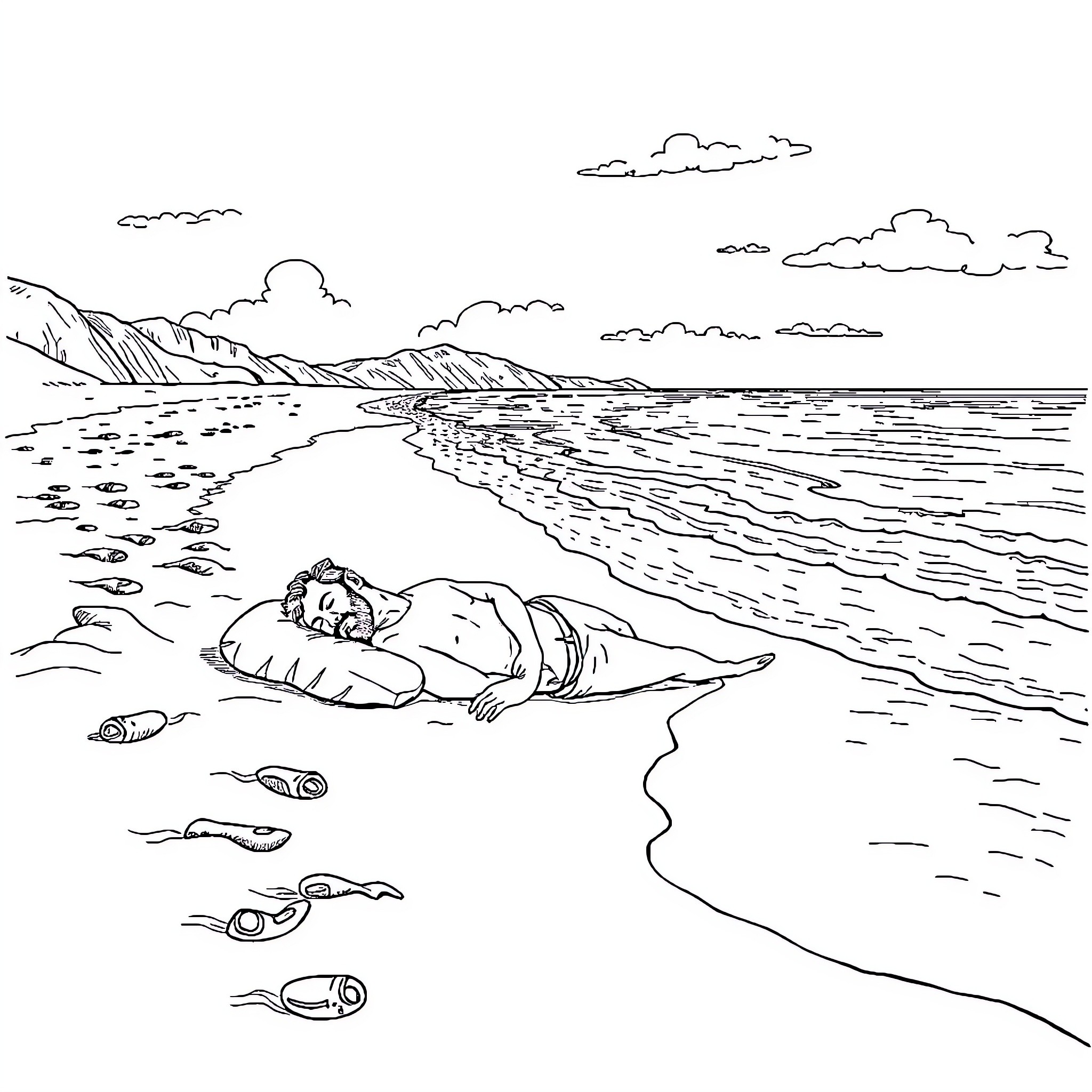 Man resting peacefully on a remote beach Coloring Page (free black-and-white line drawing printable PDF for all, from beginners to advanced learners, including children, teens, adults, and seniors)