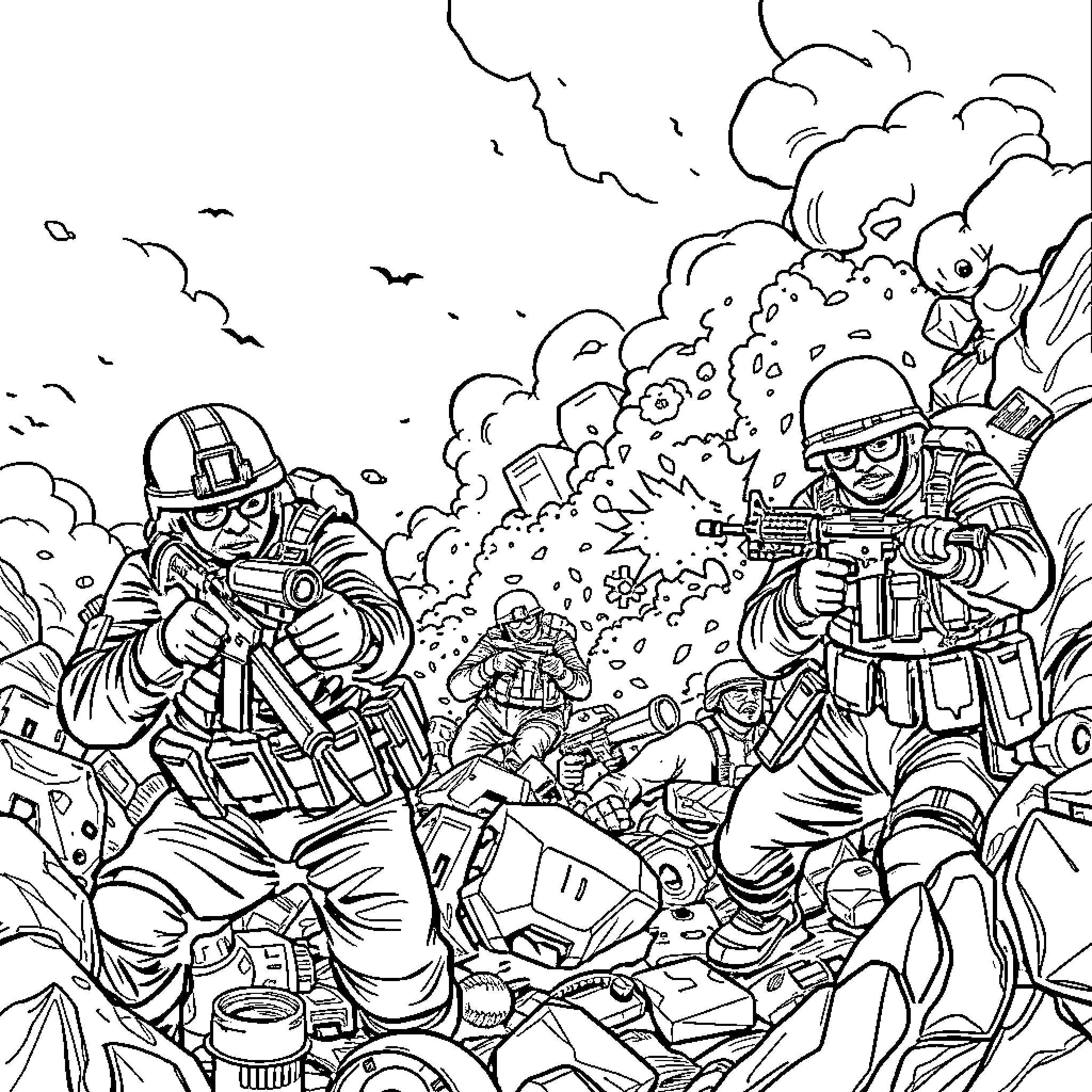 Call of Duty: Intense Battle Scenes in Black and White Coloring Page (free black-and-white line drawing printable PDF for all, from beginners to advanced learners, including children, teens, adults, and seniors)