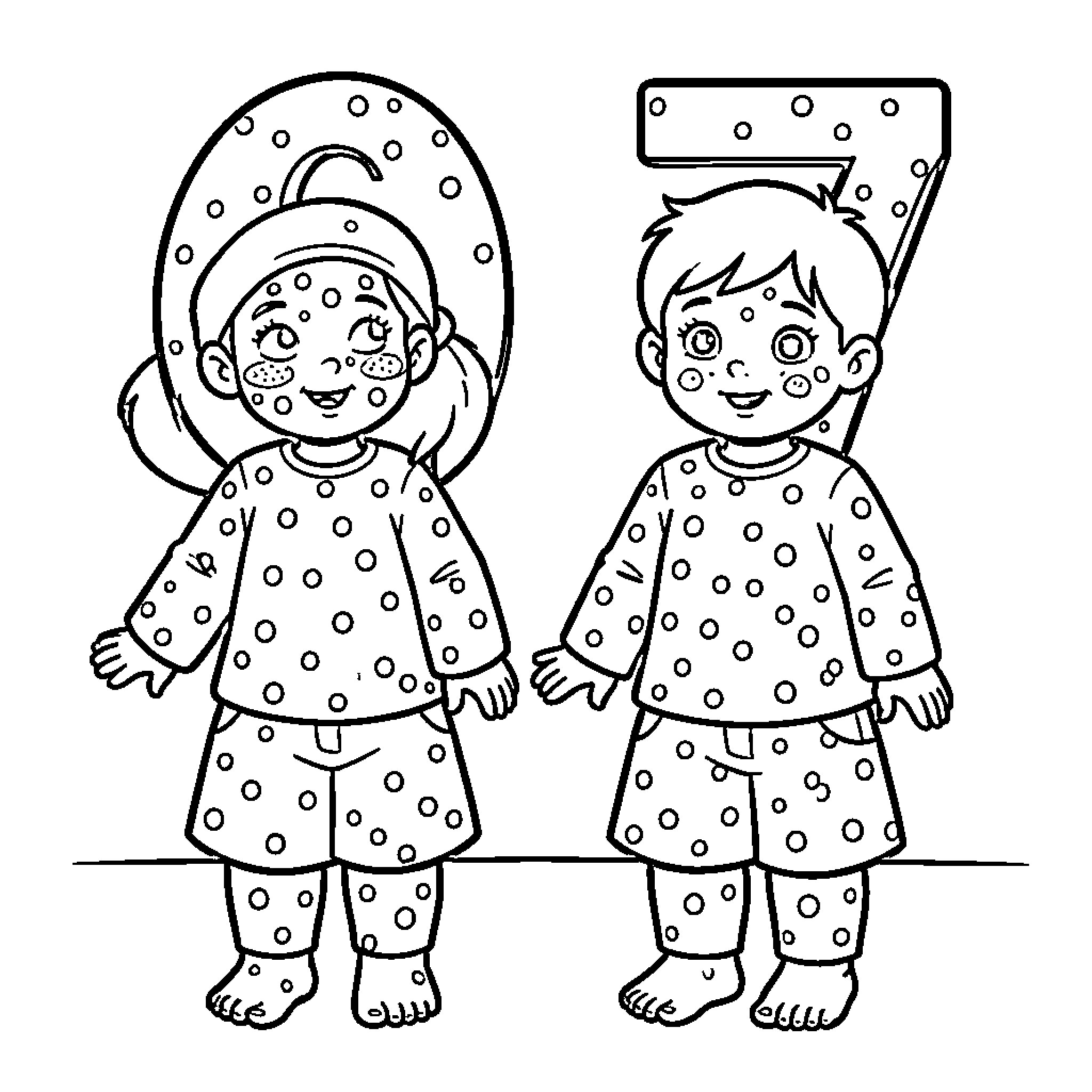 Number Two Cartoon Characters in Polka Dot Outfits Coloring Page (free black-and-white line drawing printable PDF for all, from beginners to advanced learners, including children, teens, adults, and seniors)