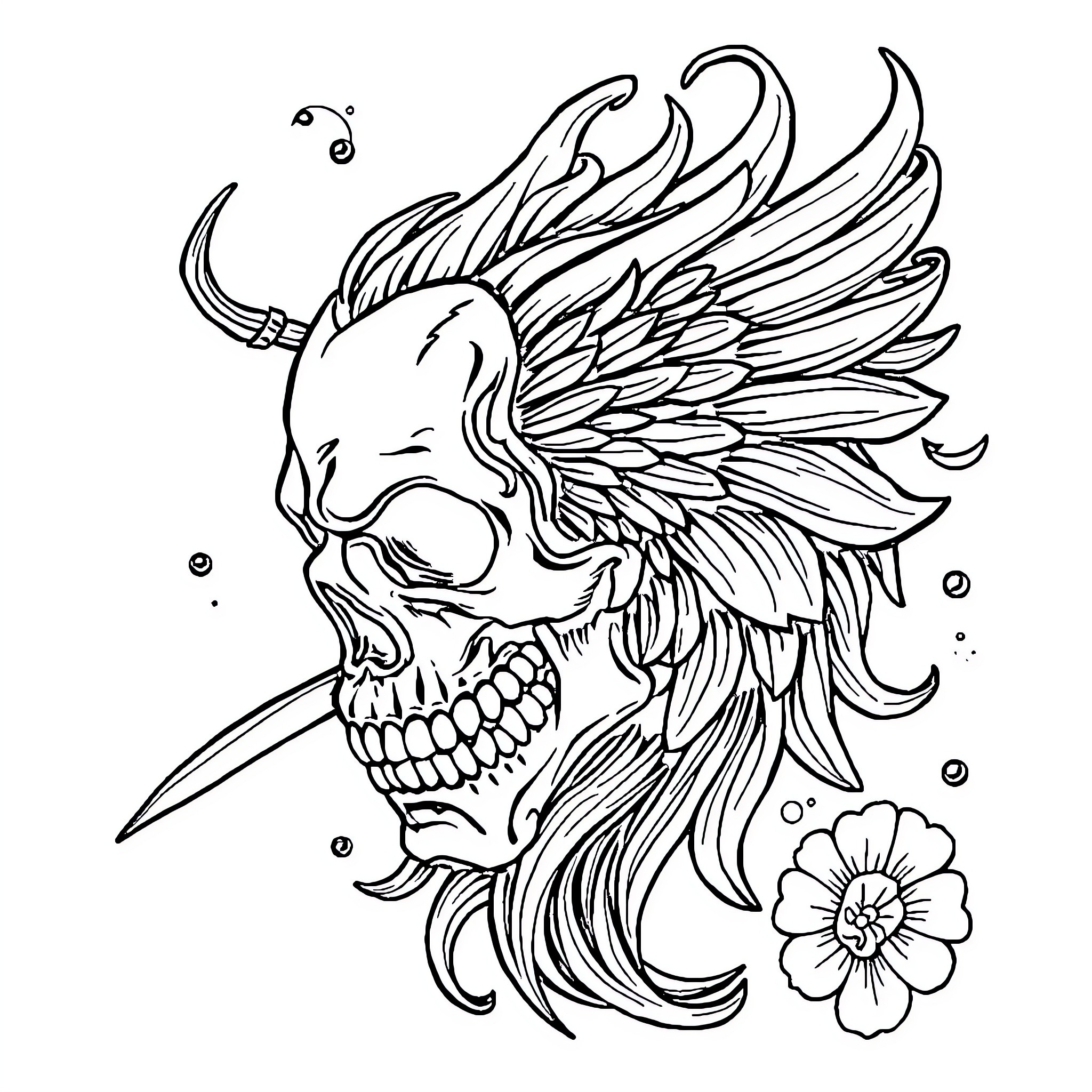 Tattoo with winged skull and floral elements Coloring Page (free black-and-white line drawing printable PDF for all, from beginners to advanced learners, including children, teens, adults, and seniors)