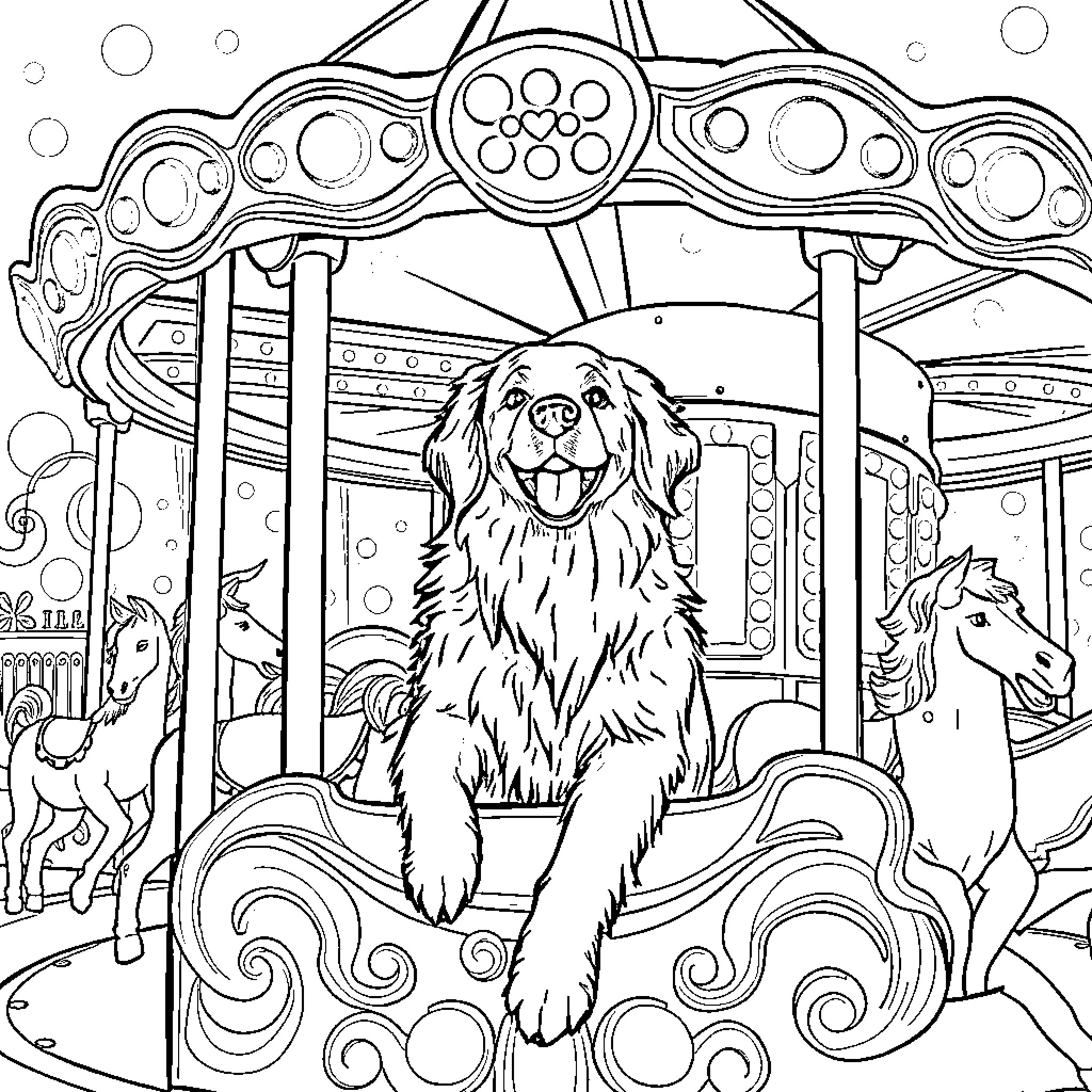 Golden Retriever enjoying the carousel ride Coloring Page (free black-and-white line drawing printable PDF for all, from beginners to advanced learners, including children, teens, adults, and seniors)