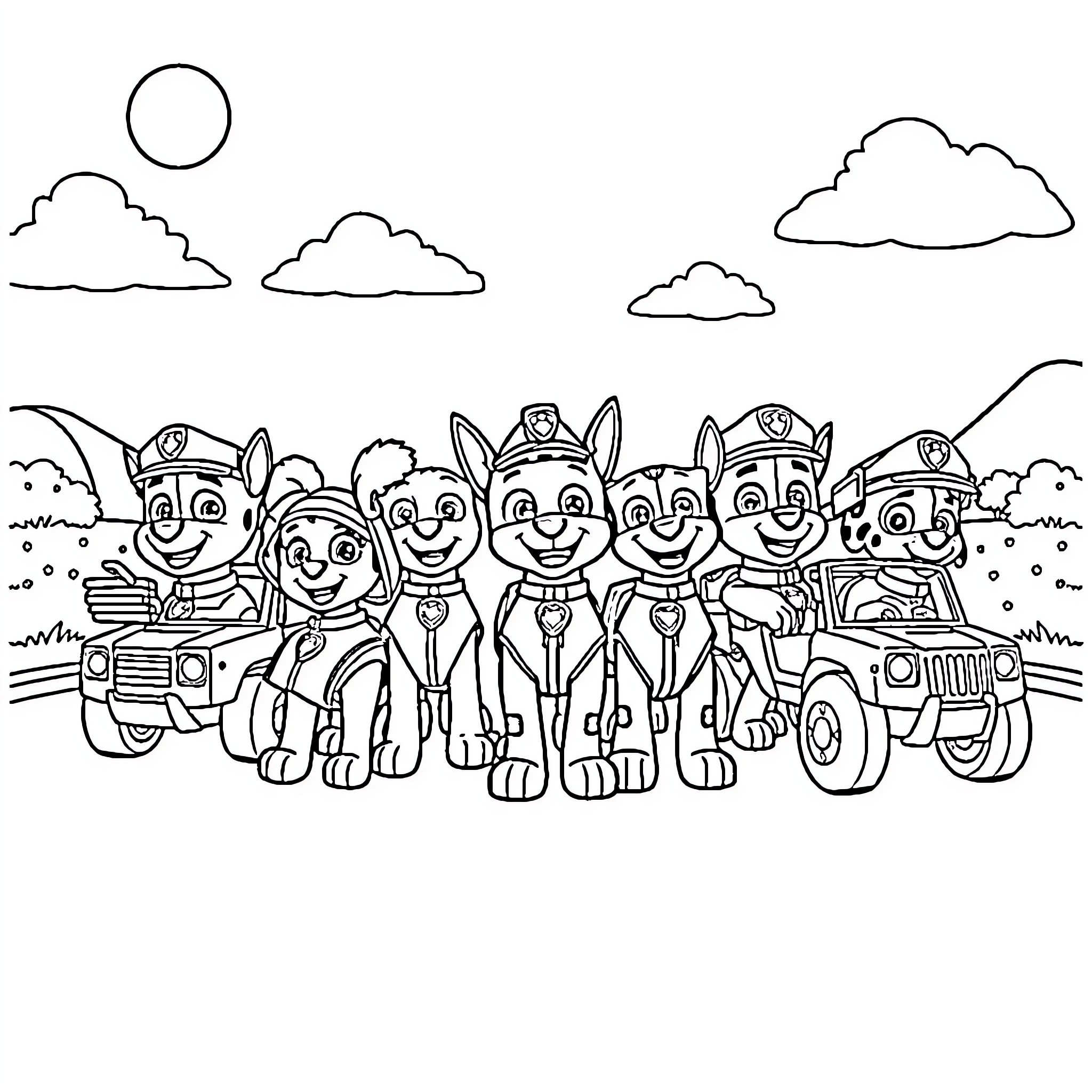 Paw Patrol pups on patrol duty Coloring Page (free black-and-white line drawing printable PDF for all, from beginners to advanced learners, including children, teens, adults, and seniors)