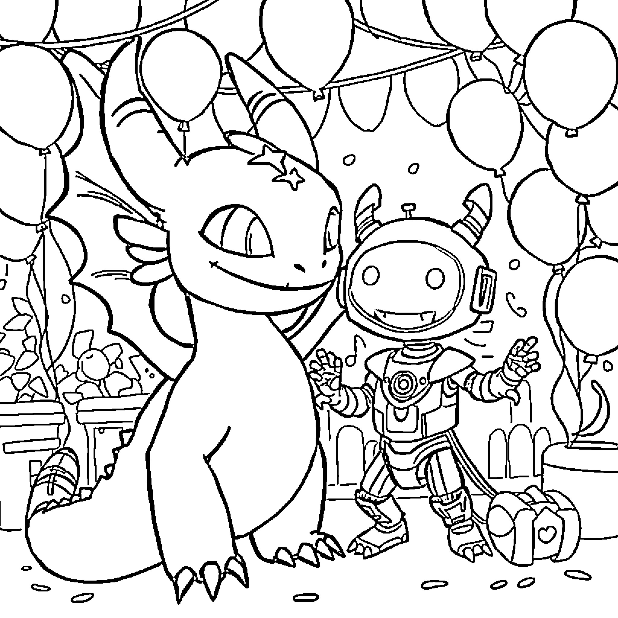 Toothless and Robot Friends Celebrate with Balloons Coloring Page (free black-and-white line drawing printable PDF for all, from beginners to advanced learners, including children, teens, adults, and seniors)