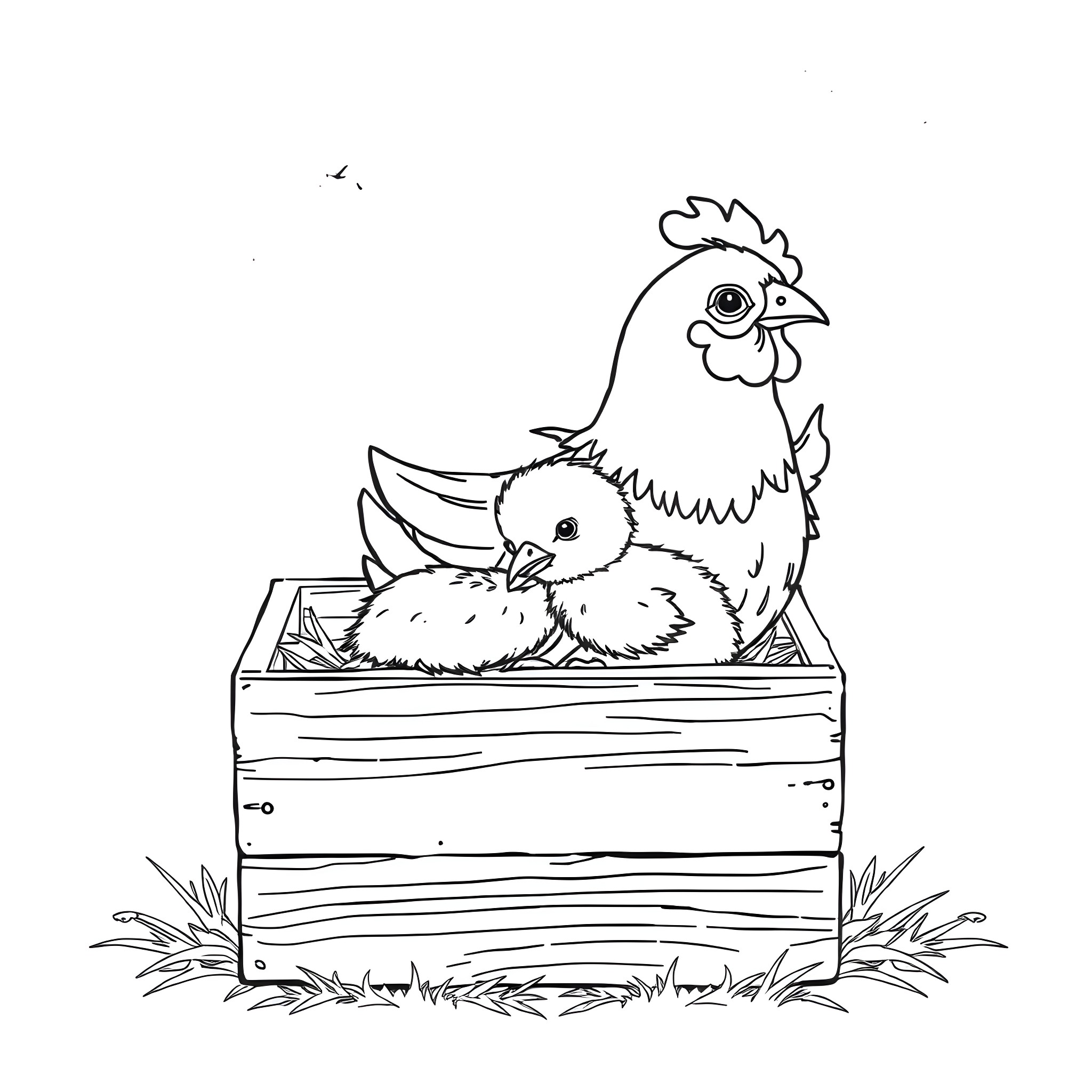 Hen and chick in a wooden crate Coloring Page (free black-and-white line drawing printable PDF for all, from beginners to advanced learners, including children, teens, adults, and seniors)