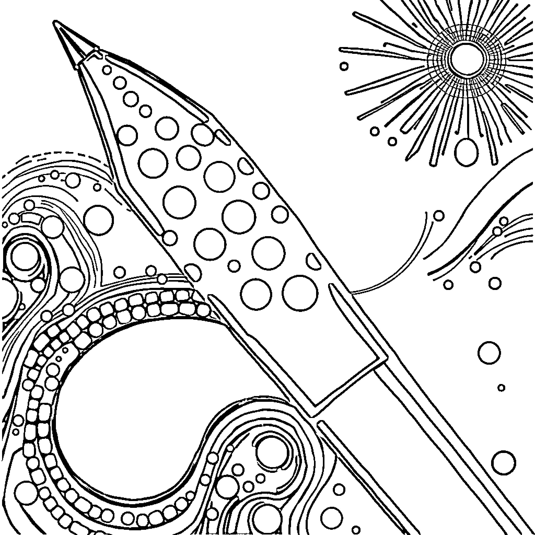 Pen drawing of abstract rocket and cosmic shapes Coloring Page (free black-and-white line drawing printable PDF for all, from beginners to advanced learners, including children, teens, adults, and seniors)