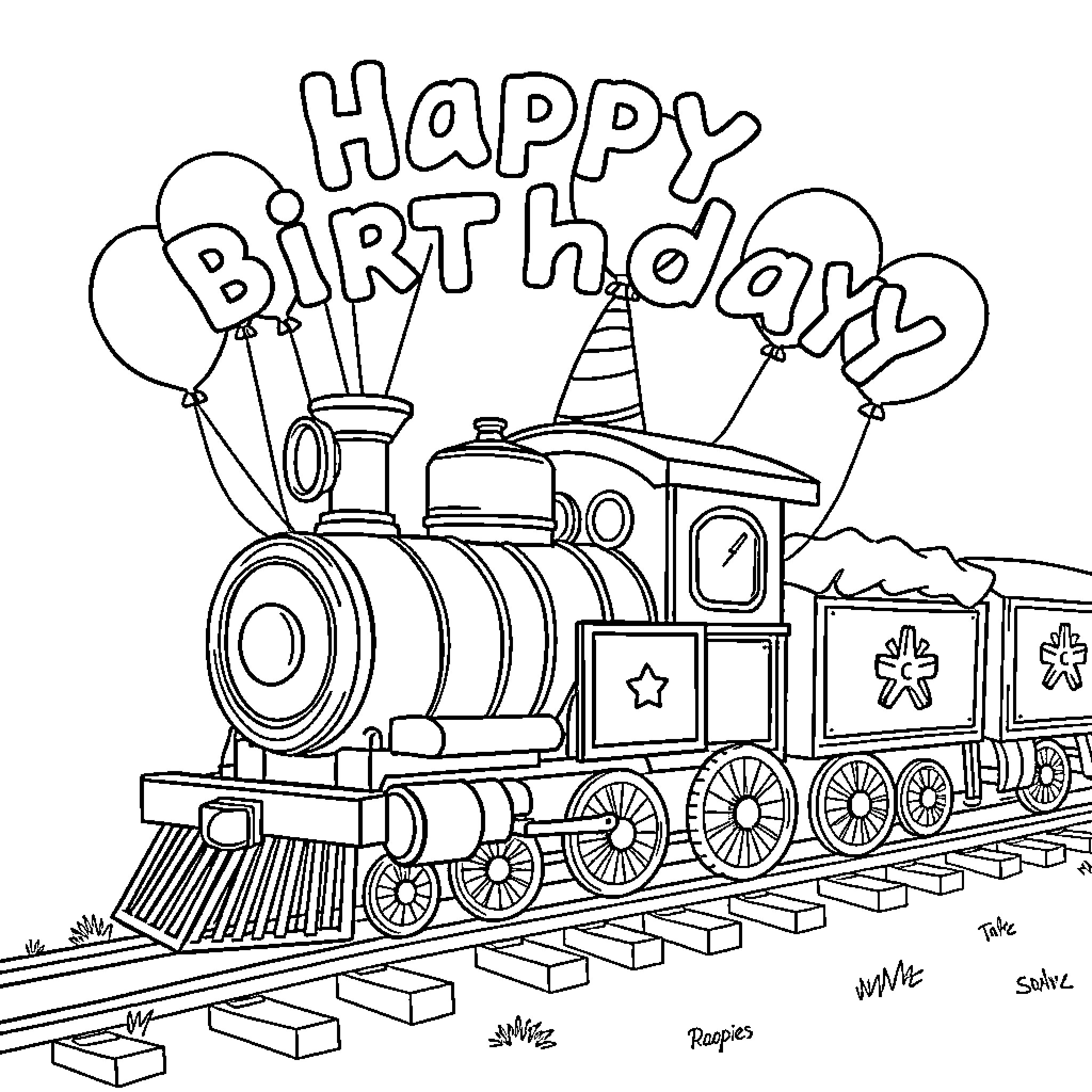 Train Birthday Celebration with Balloons and Party Hats Coloring Page (free black-and-white line drawing printable PDF for all, from beginners to advanced learners, including children, teens, adults, and seniors)