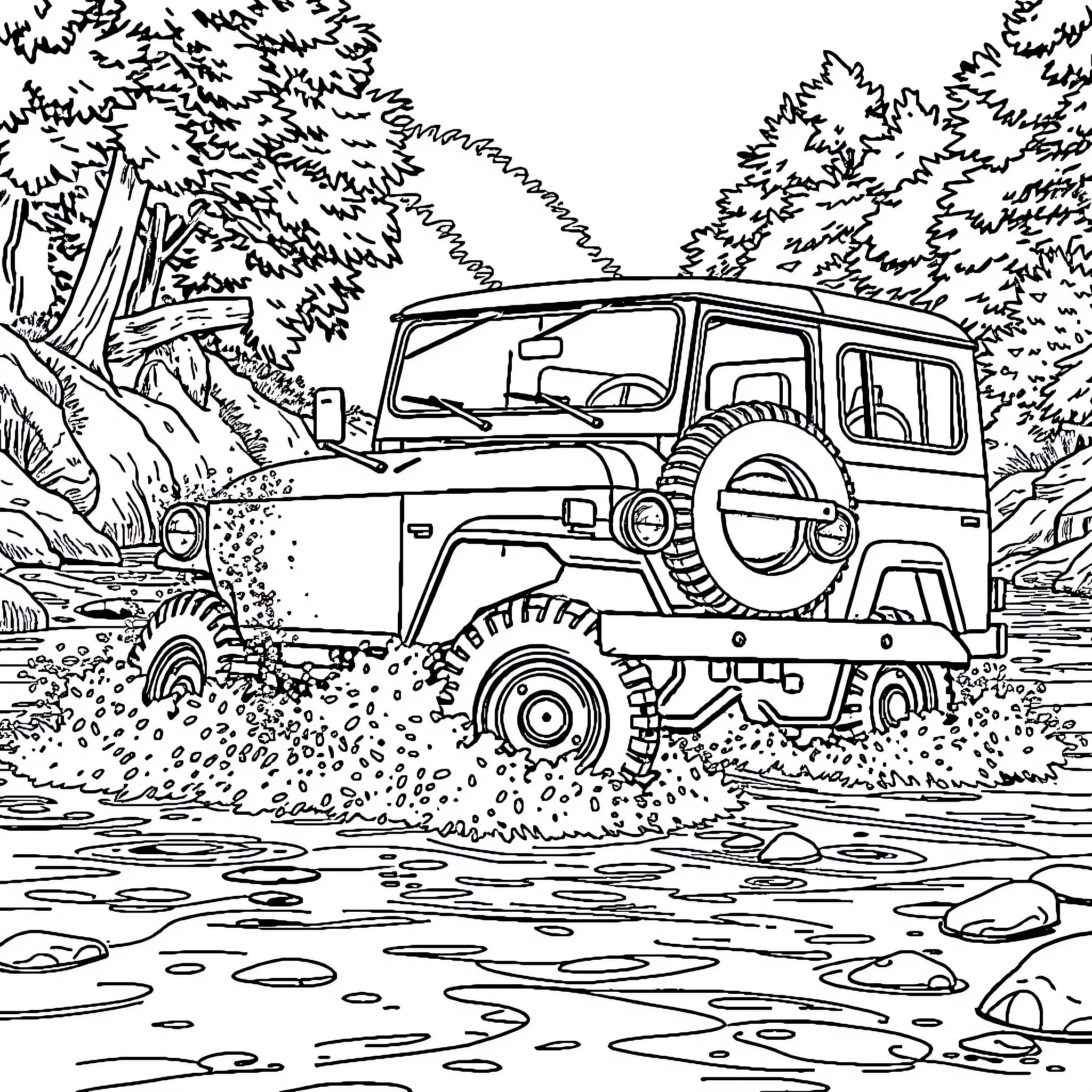 Toyota BJ40 off-road adventure in the wilderness Coloring Page (free black-and-white line drawing printable PDF for all, from beginners to advanced learners, including children, teens, adults, and seniors)