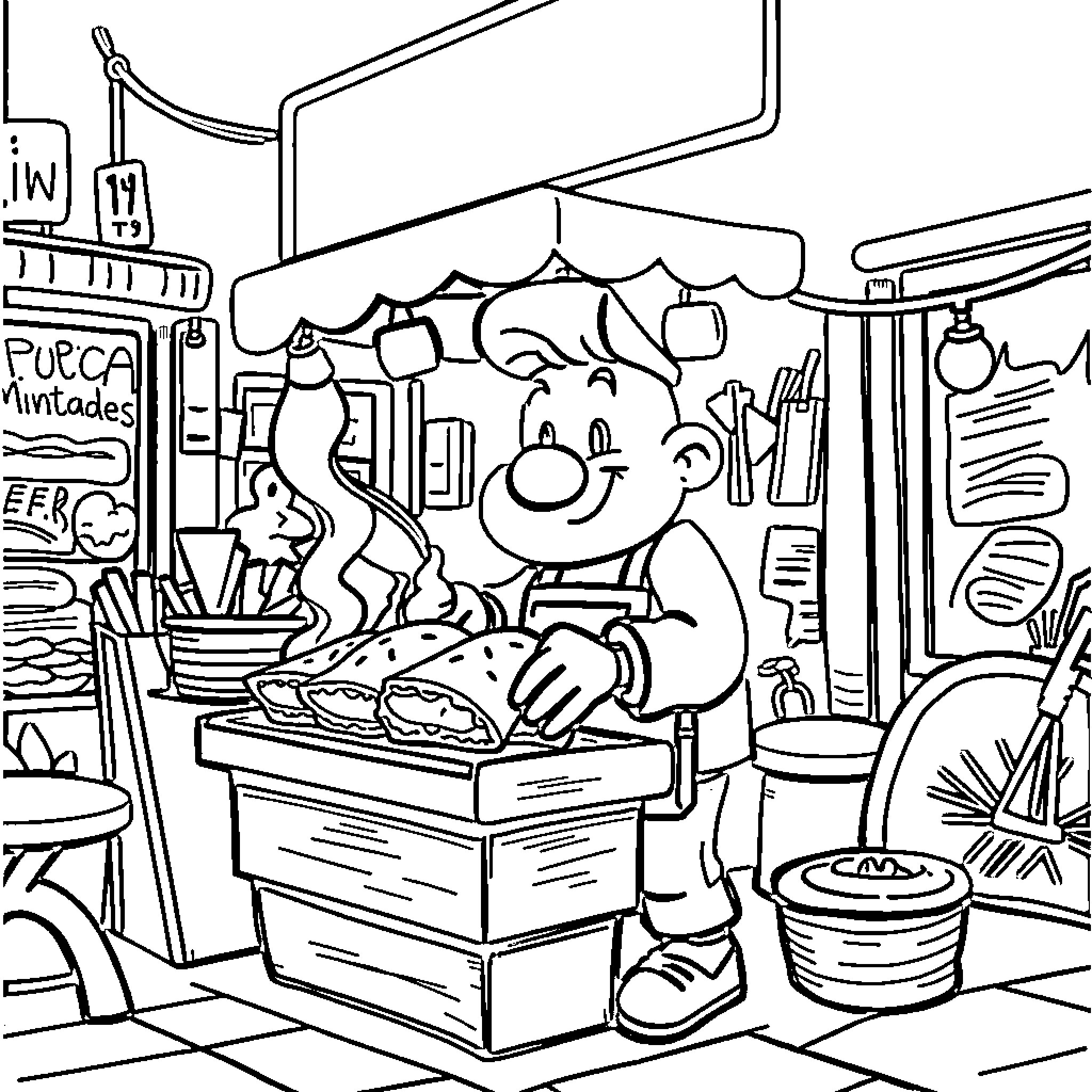 Sonic's Lively Food Stand Adventure Coloring Page (free black-and-white line drawing printable PDF for all, from beginners to advanced learners, including children, teens, adults, and seniors)