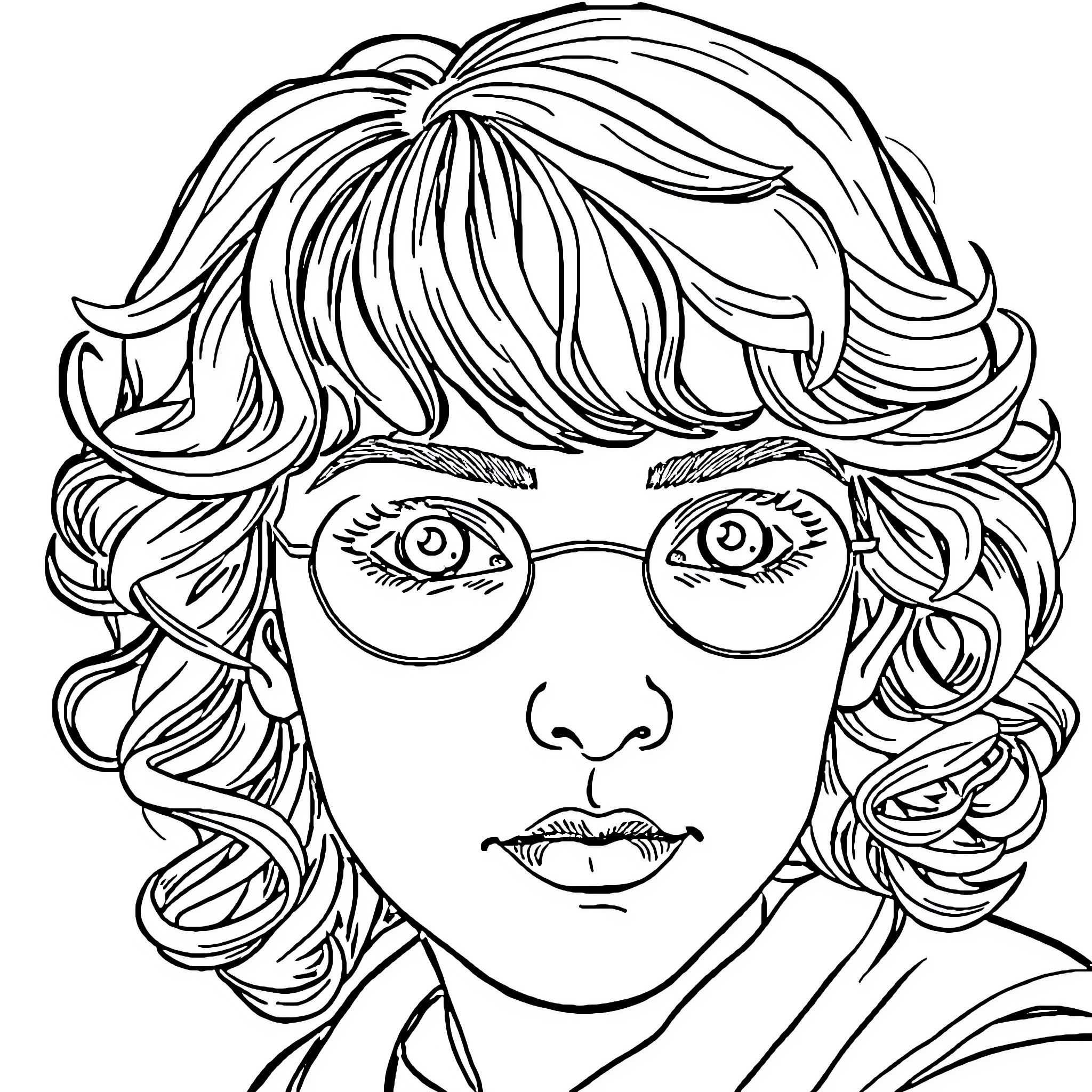Hermione staring intently with curly hair and glasses Coloring Page (free black-and-white line drawing printable PDF for all, from beginners to advanced learners, including children, teens, adults, and seniors)