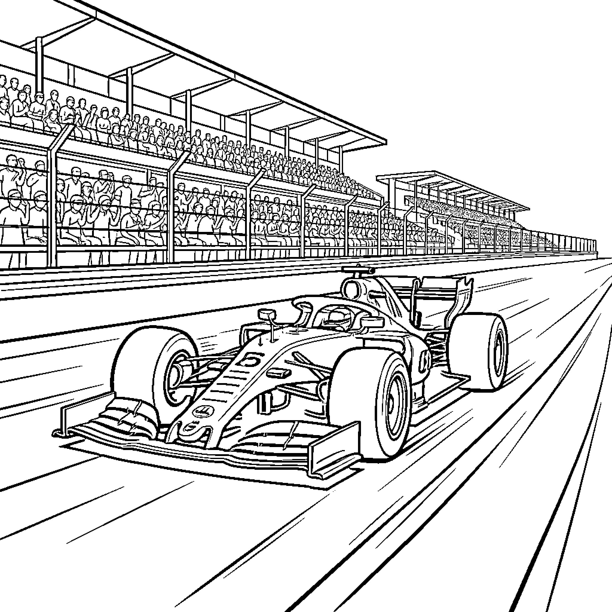 Formula 1 race car speeding past grandstands filled with spectators Coloring Page (free black-and-white line drawing printable PDF for all, from beginners to advanced learners, including children, teens, adults, and seniors)