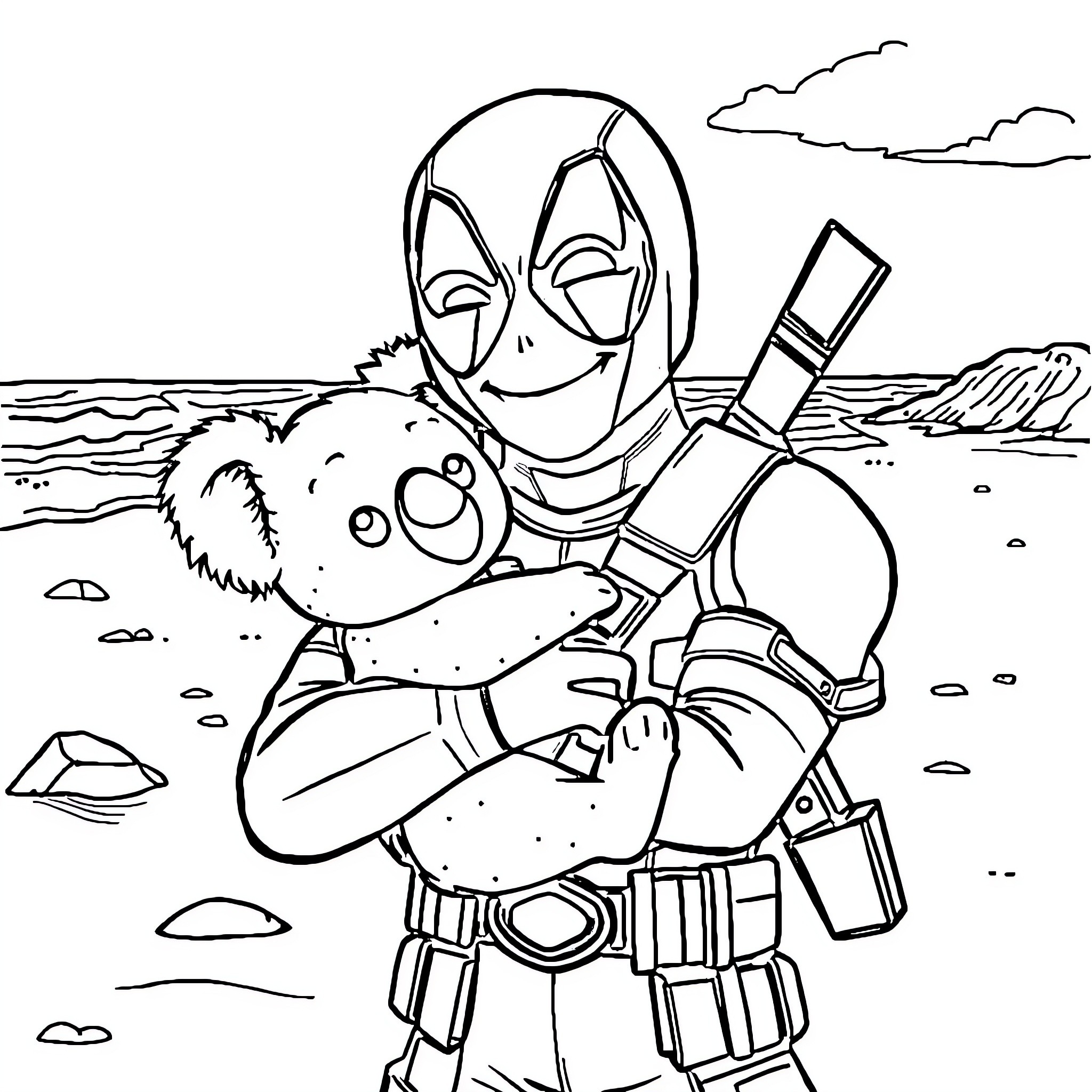 Deadpool cuddling cute koala on the beach Coloring Page (free black-and-white line drawing printable PDF for all, from beginners to advanced learners, including children, teens, adults, and seniors)