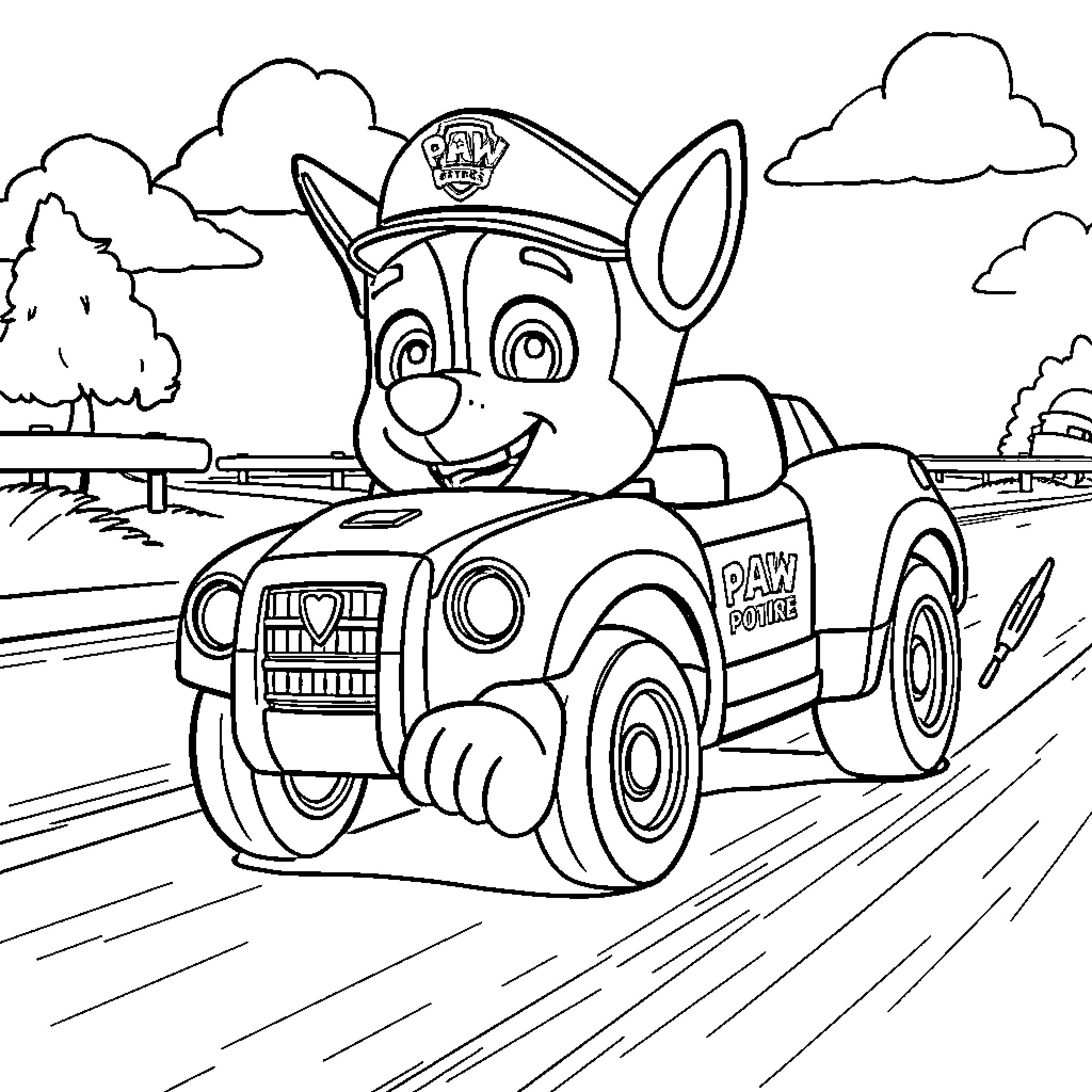 Chase the Paw Patrol puppy in action Coloring Page (free black-and-white line drawing printable PDF for all, from beginners to advanced learners, including children, teens, adults, and seniors)