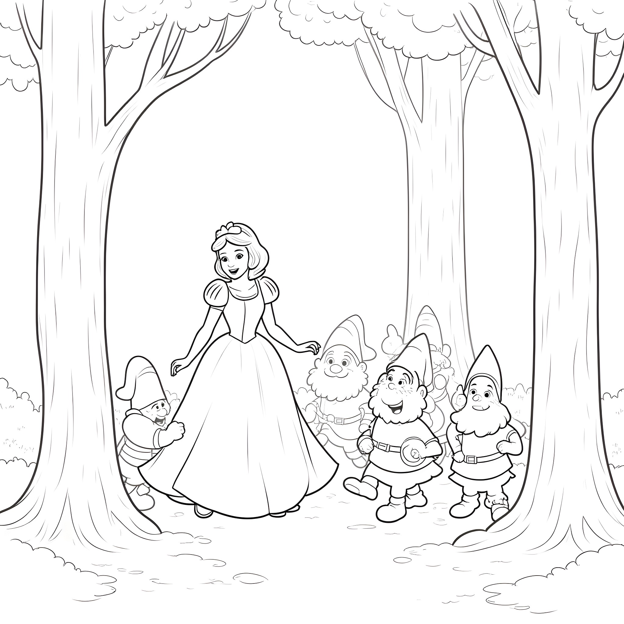 Snow White encounters the Seven Dwarfs in the enchanted forest Coloring Page (free black-and-white line drawing printable PDF for all, from beginners to advanced learners, including children, teens, adults, and seniors)