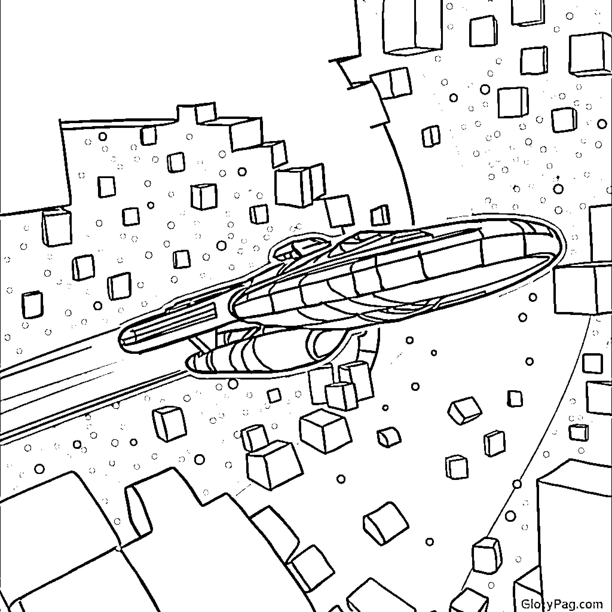 Starship soaring through geometric landscapes Coloring Page (free black-and-white line drawing printable PDF for all, from beginners to advanced learners, including children, teens, adults, and seniors)