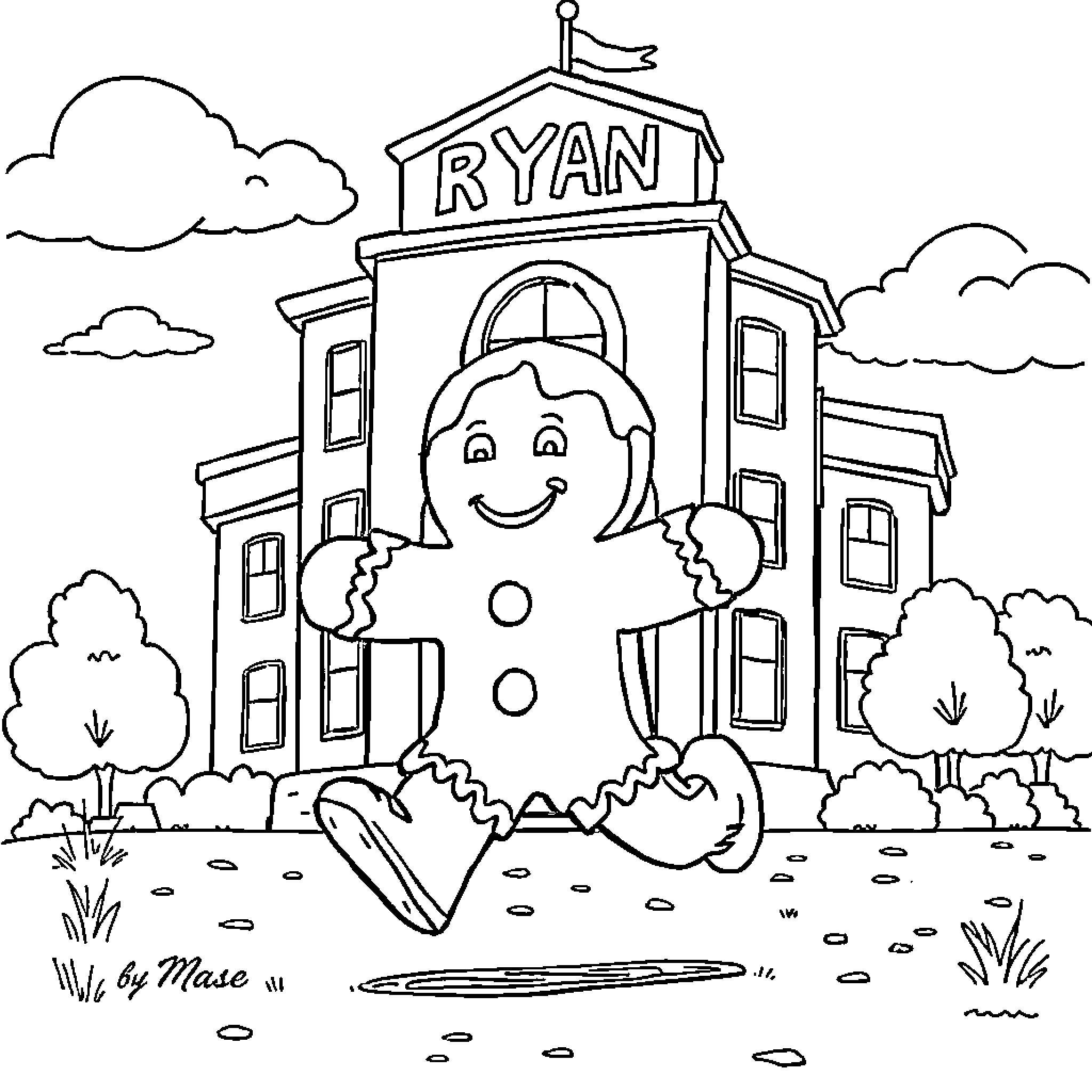 Gingerbread character outside Ryan school building Coloring Page (free black-and-white line drawing printable PDF for all, from beginners to advanced learners, including children, teens, adults, and seniors)