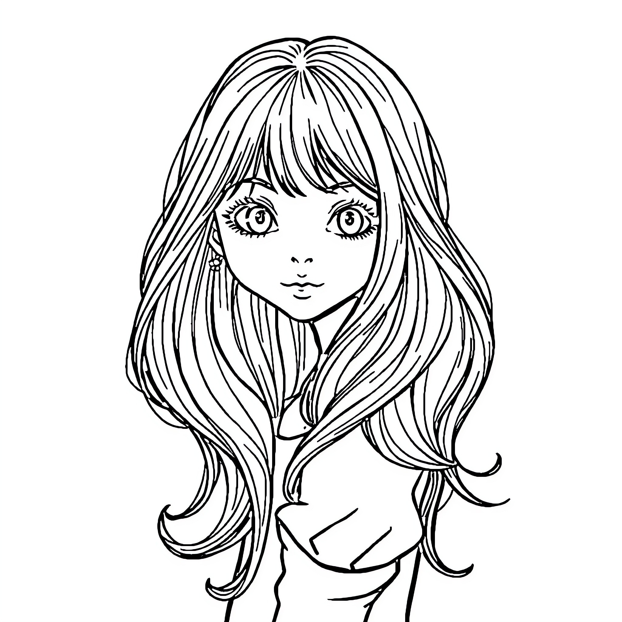 Girl with Flowing Hair and Expressive Eyes Coloring Page (free black-and-white line drawing printable PDF for all, from beginners to advanced learners, including children, teens, adults, and seniors)