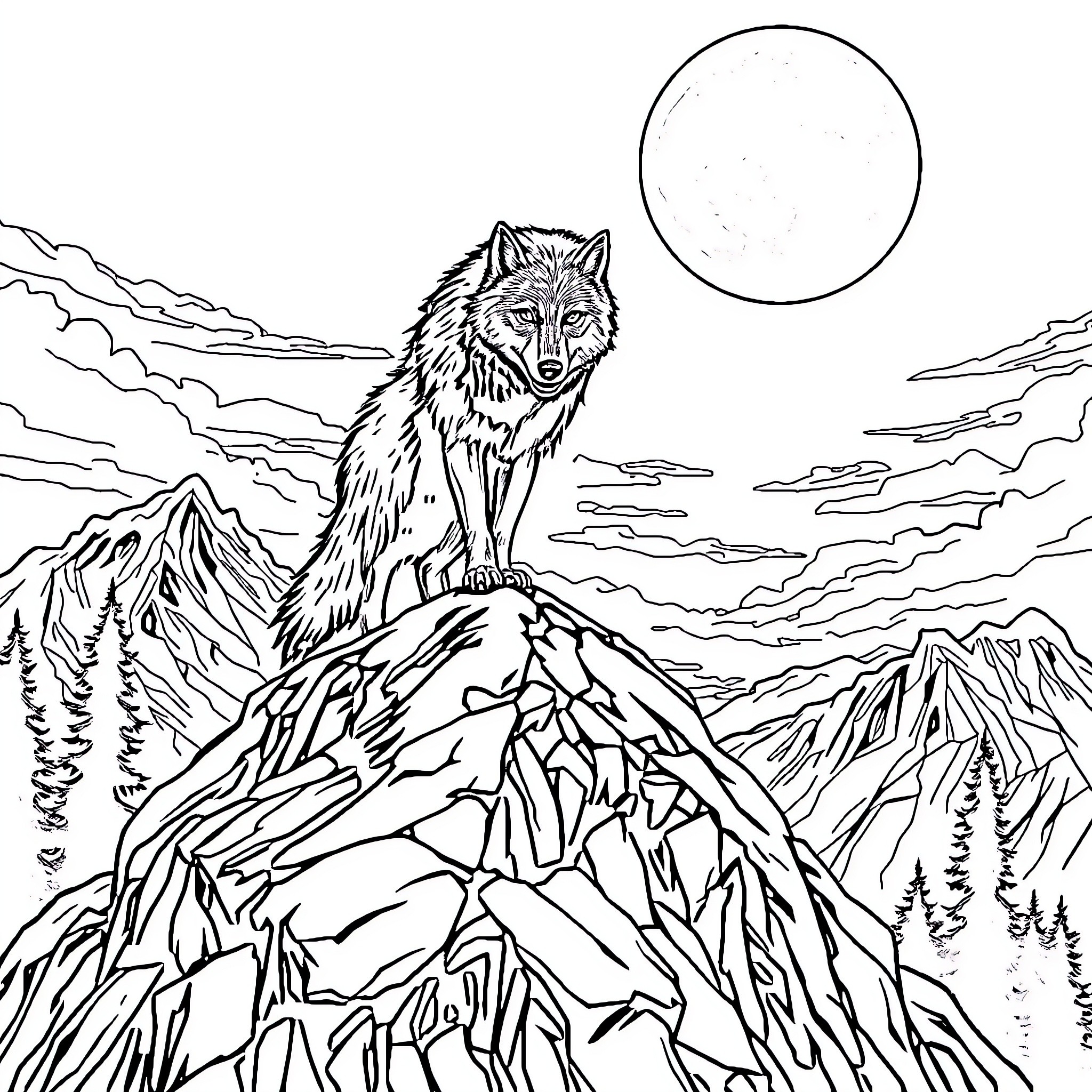 Werewolf howling at the moonlit mountain landscape Coloring Page (free black-and-white line drawing printable PDF for all, from beginners to advanced learners, including children, teens, adults, and seniors)