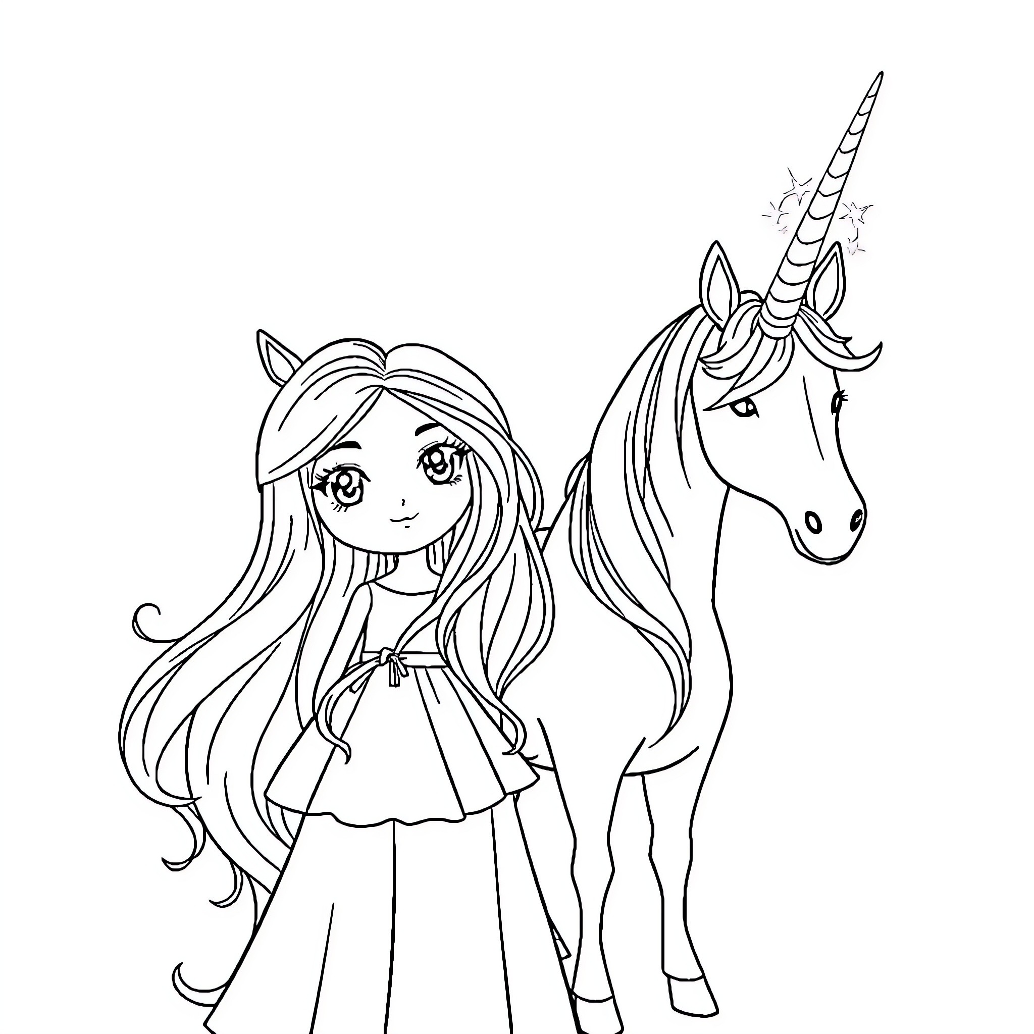Girl standing next to a magical unicorn Coloring Page (free black-and-white line drawing printable PDF for all, from beginners to advanced learners, including children, teens, adults, and seniors)