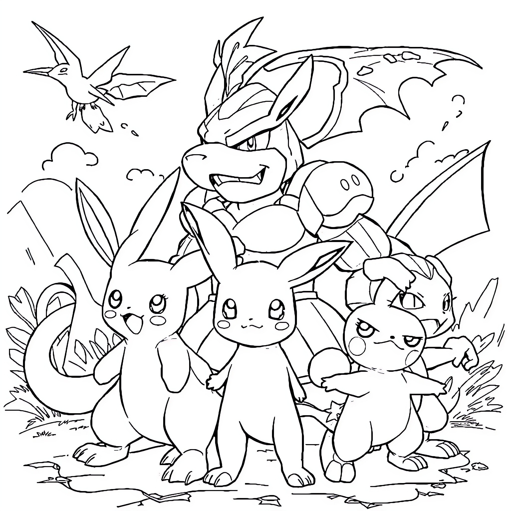 Metal Slug with Cute Monsters in the Wild Coloring Page (free black-and-white line drawing printable PDF for all, from beginners to advanced learners, including children, teens, adults, and seniors)