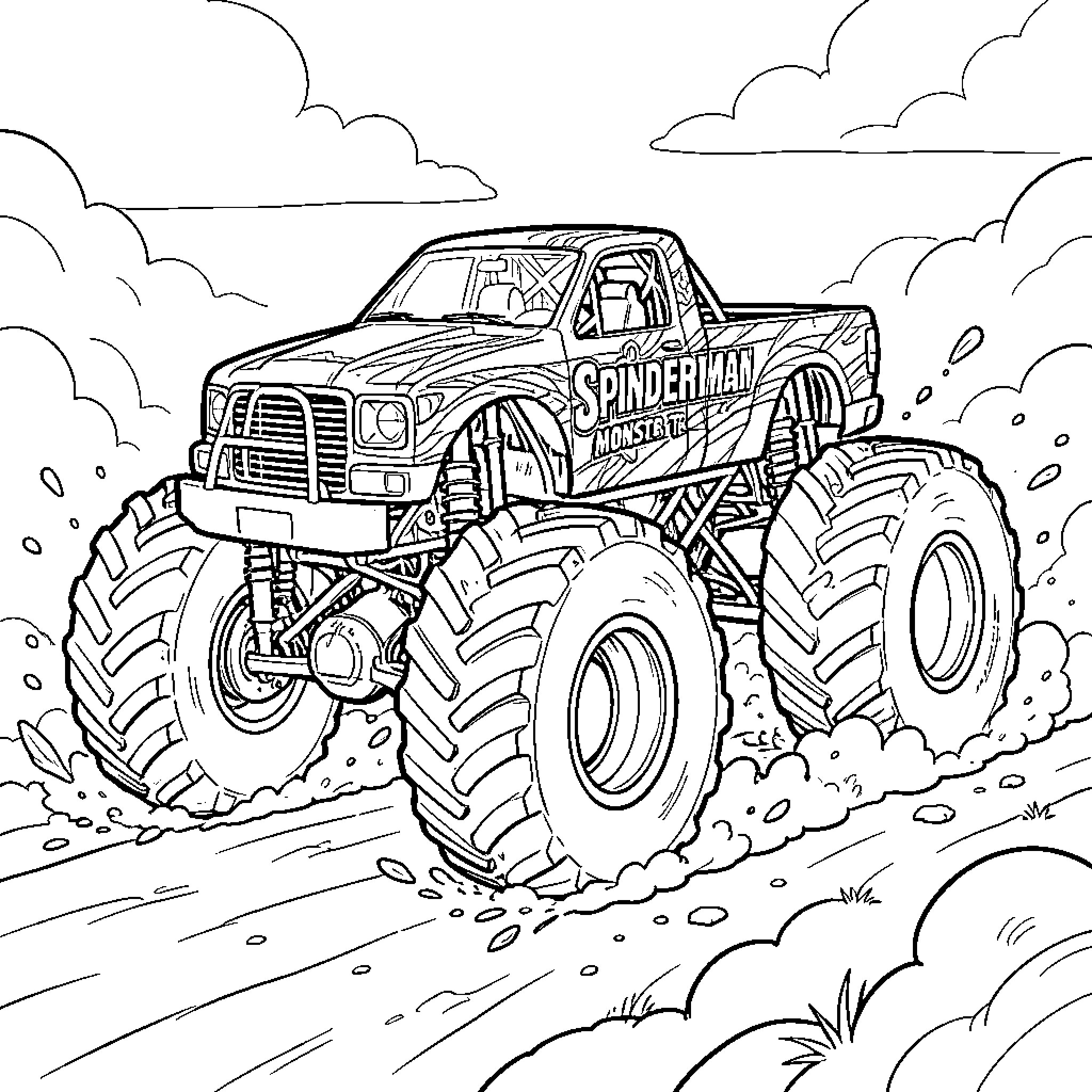 Monster Truck Going Over Obstacles in Outdoor Scene Coloring Page (free black-and-white line drawing printable PDF for all, from beginners to advanced learners, including children, teens, adults, and seniors)