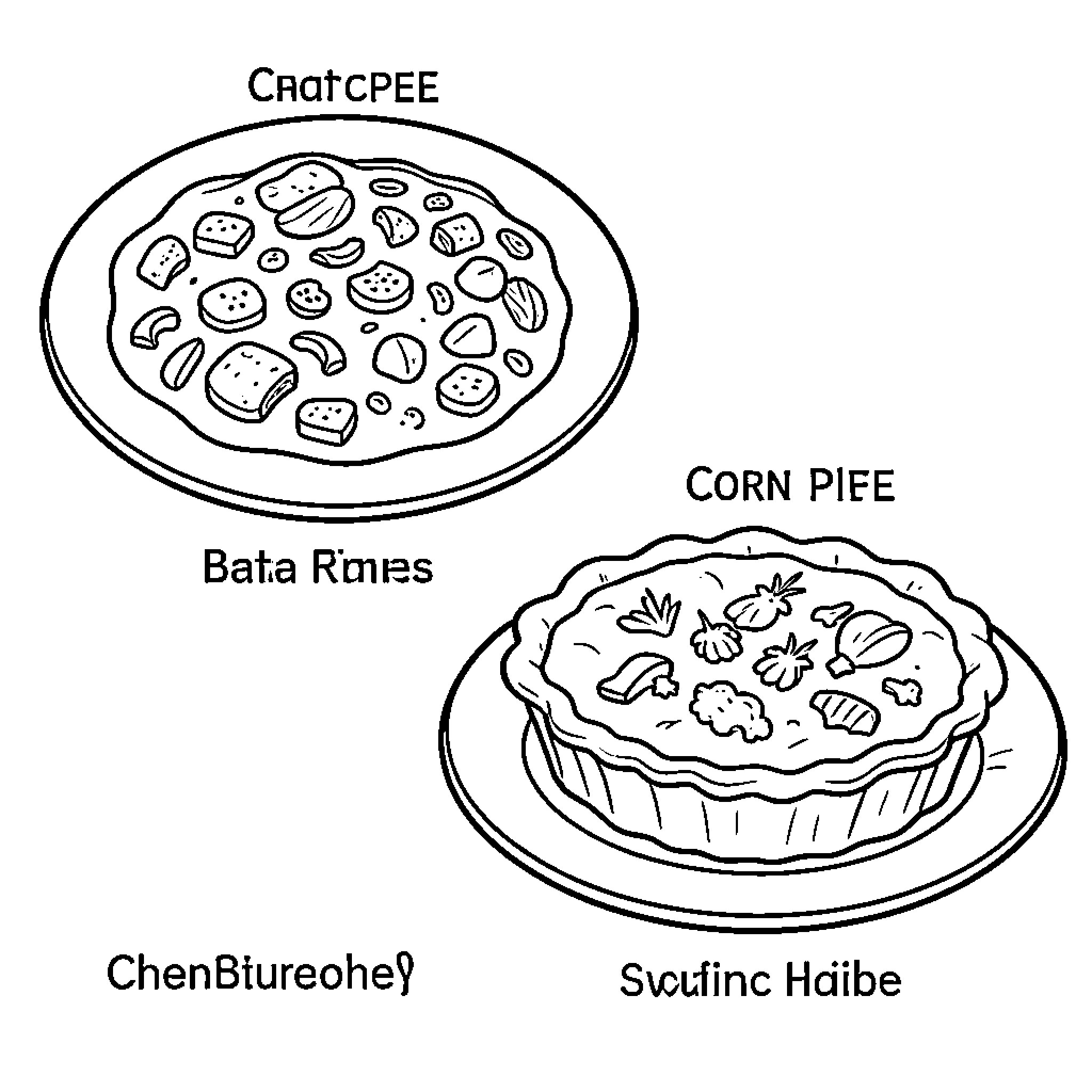 Dish of vegetable pizza and corn pie on plates Coloring Page (free black-and-white line drawing printable PDF for all, from beginners to advanced learners, including children, teens, adults, and seniors)