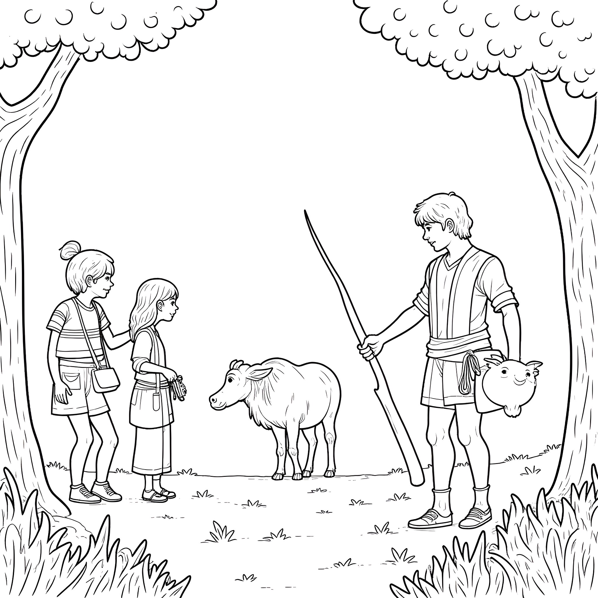 Hunter Gatherer Family in the Forest Scene Coloring Page (free black-and-white line drawing printable PDF for all, from beginners to advanced learners, including children, teens, adults, and seniors)
