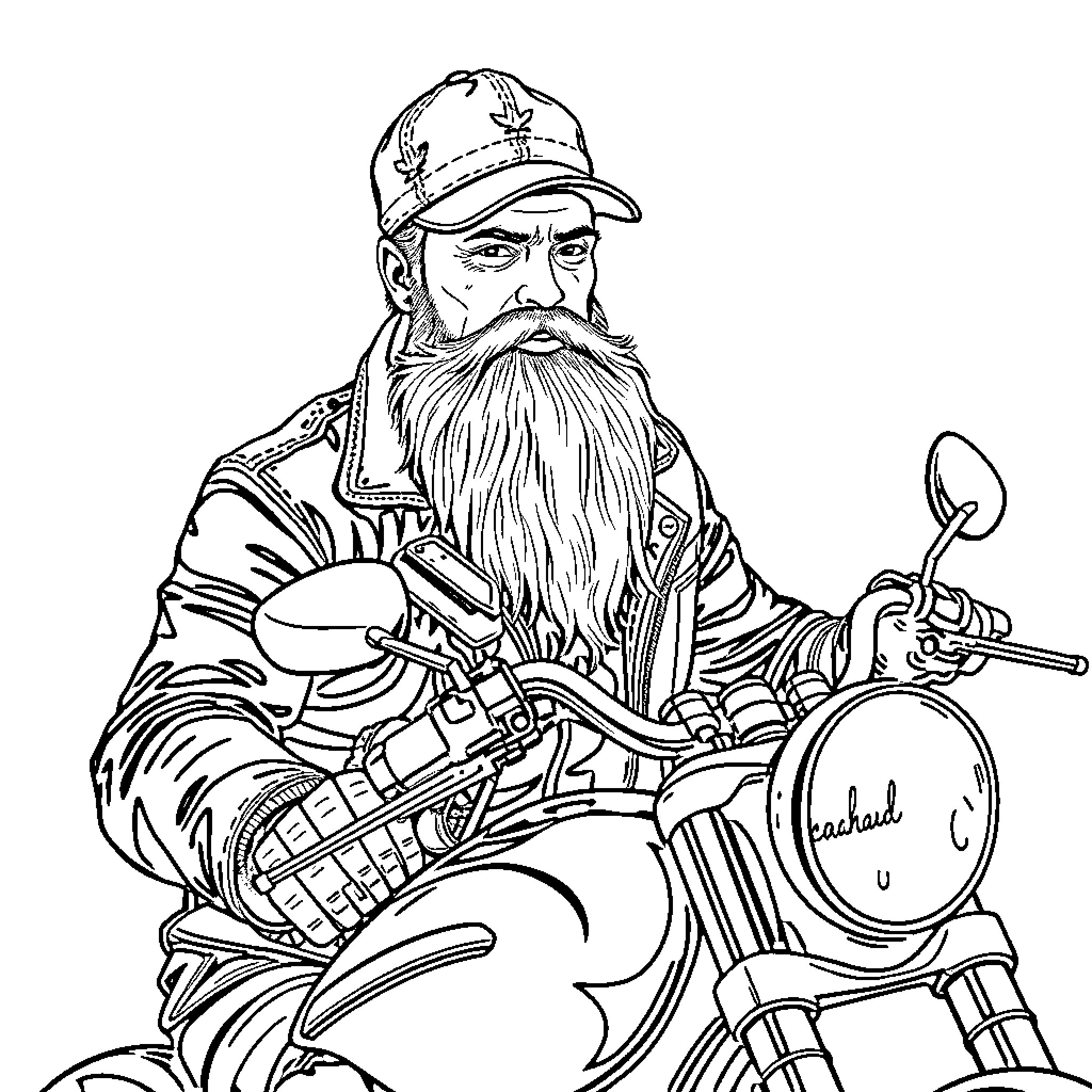 Motorcycle Guy with Rugged Appearance and Gear Coloring Page (free black-and-white line drawing printable PDF for all, from beginners to advanced learners, including children, teens, adults, and seniors)