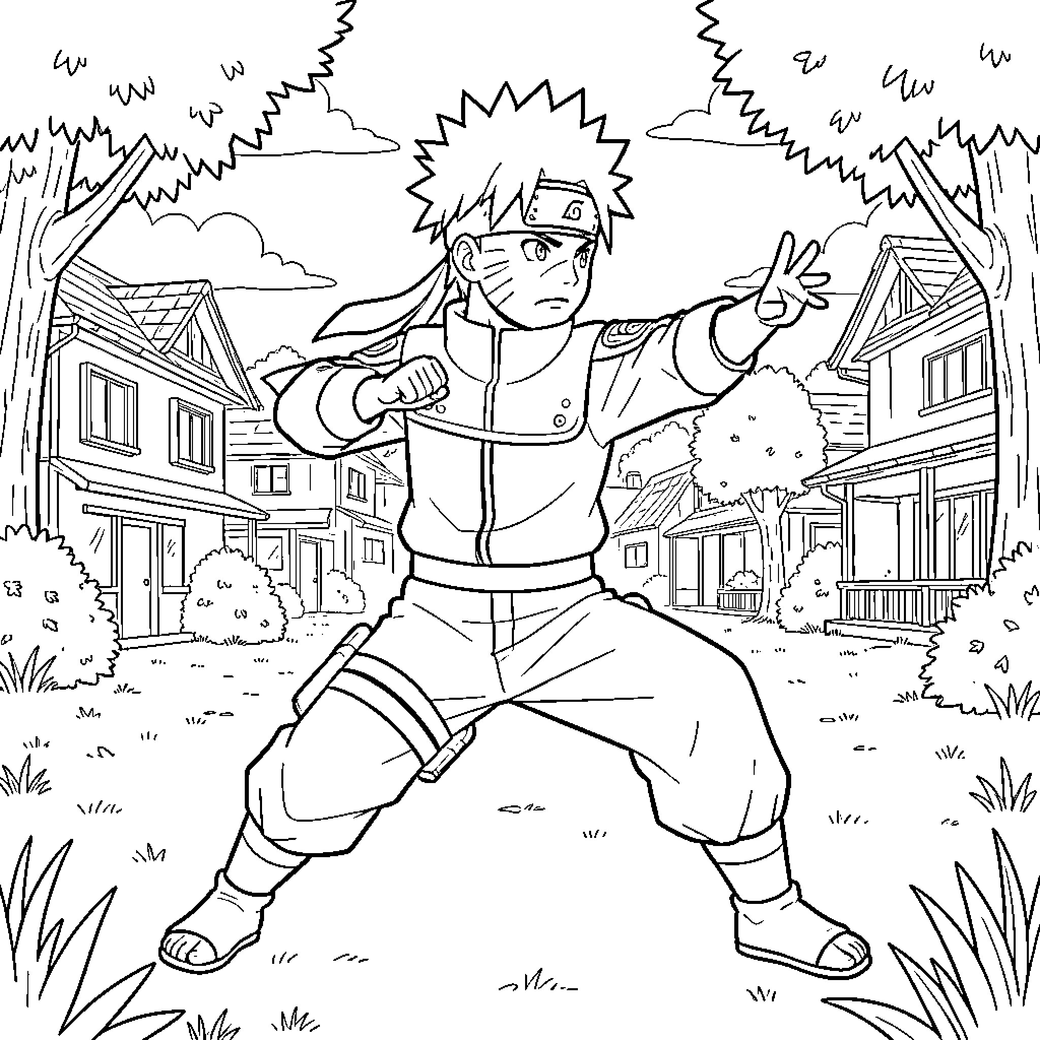 Naruto Unleashing His Ninja Powers in the Village Coloring Page (free black-and-white line drawing printable PDF for all, from beginners to advanced learners, including children, teens, adults, and seniors)