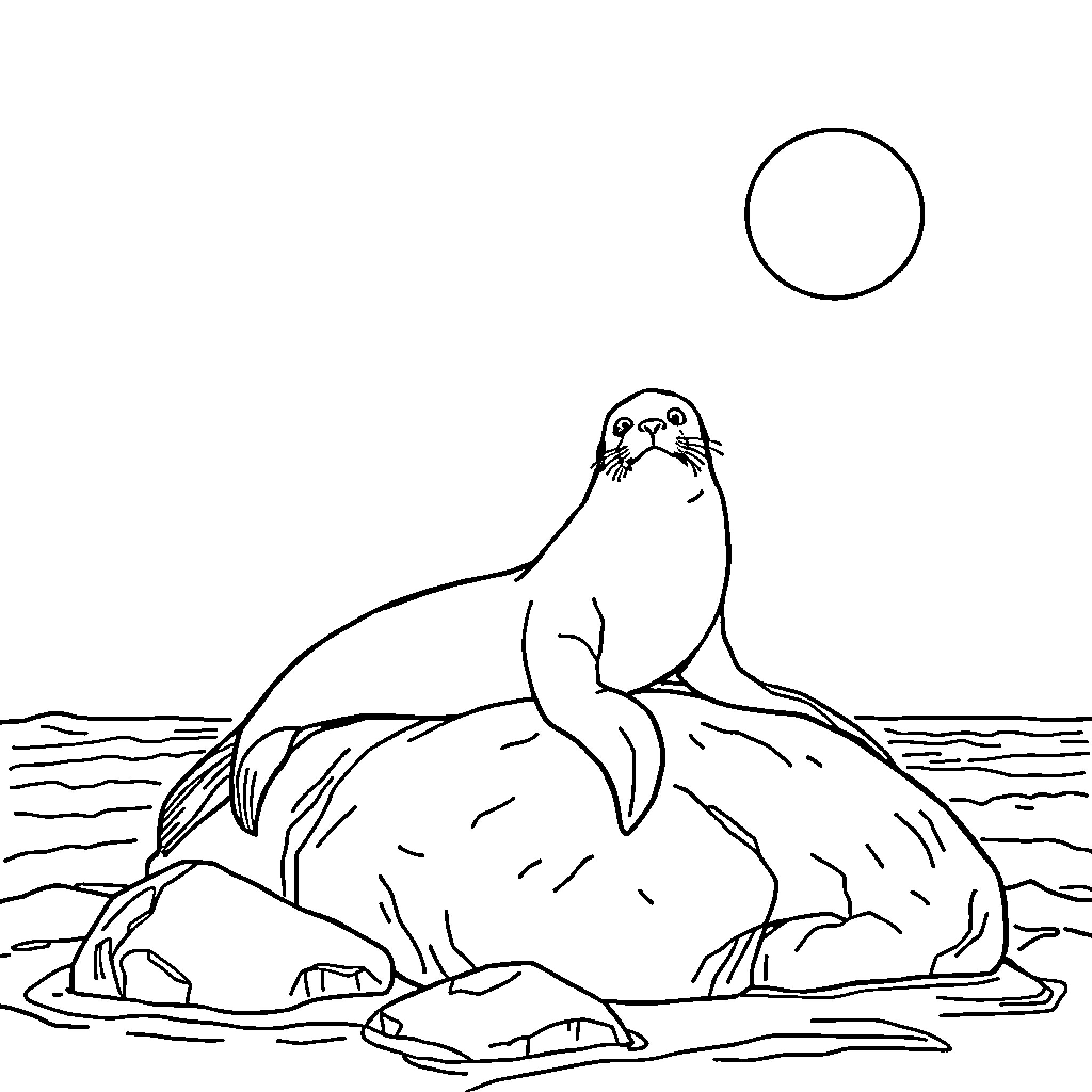 Sea Lion Resting on Rock by the Sea Coloring Page (free black-and-white line drawing printable PDF for all, from beginners to advanced learners, including children, teens, adults, and seniors)