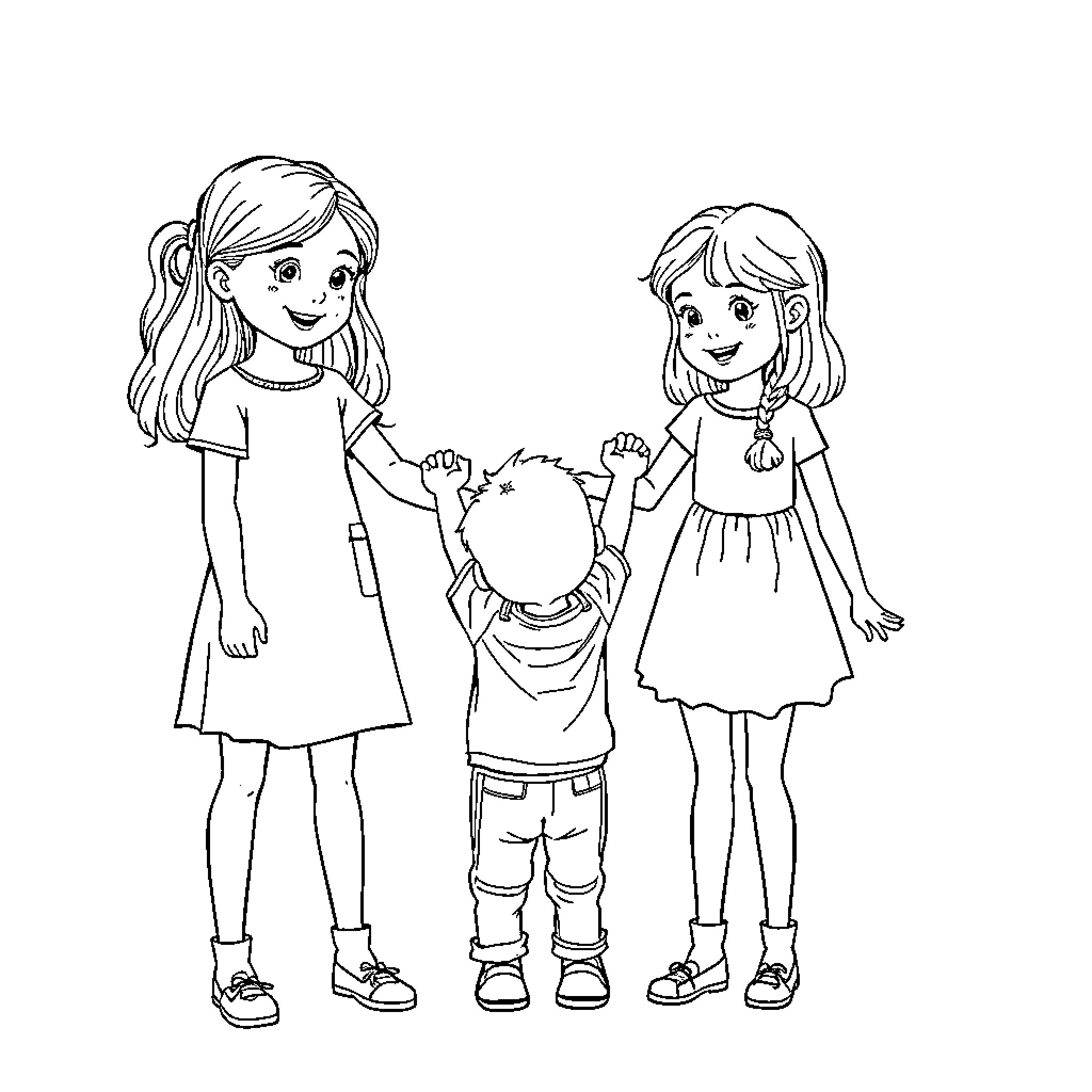 Girls playing together and having fun Coloring Page (free black-and-white line drawing printable PDF for all, from beginners to advanced learners, including children, teens, adults, and seniors)