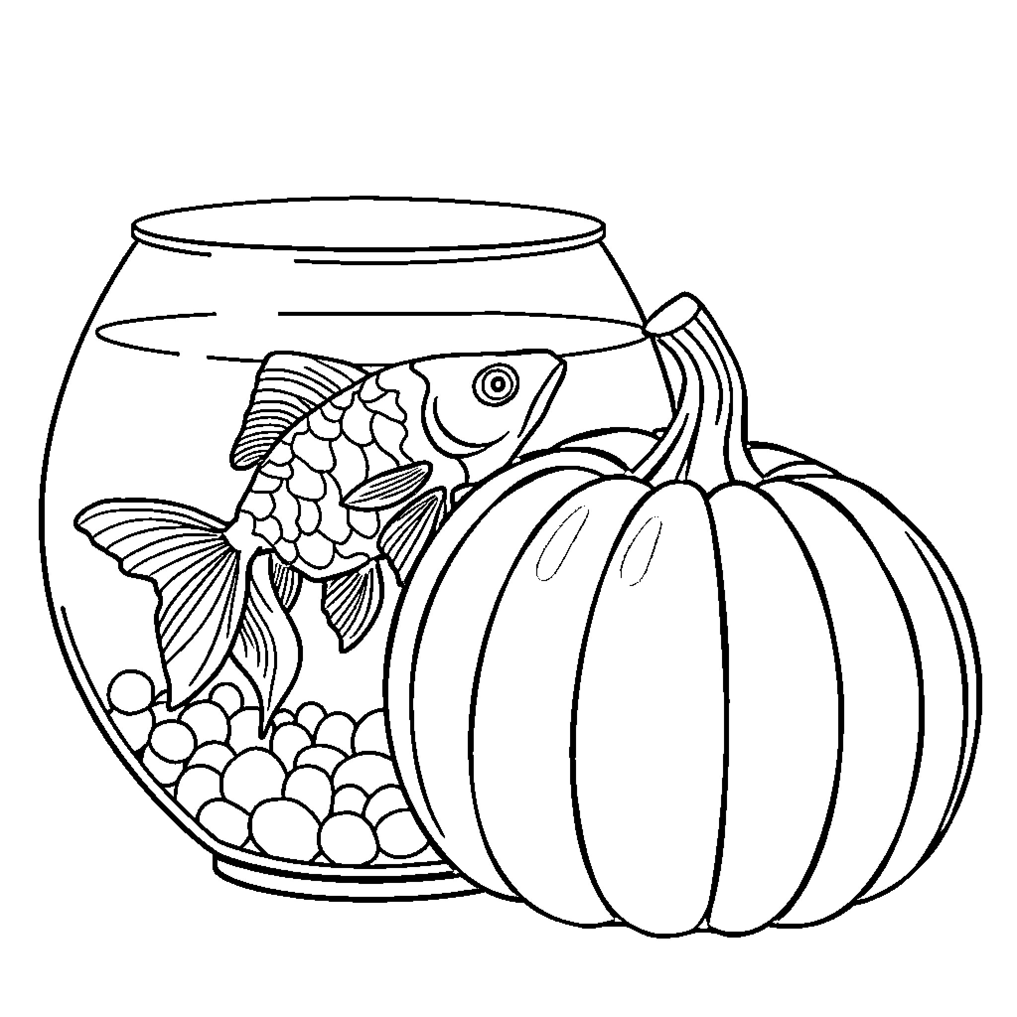 Pumpkin and Fishbowl with Playful Fish Coloring Page (free black-and-white line drawing printable PDF for all, from beginners to advanced learners, including children, teens, adults, and seniors)
