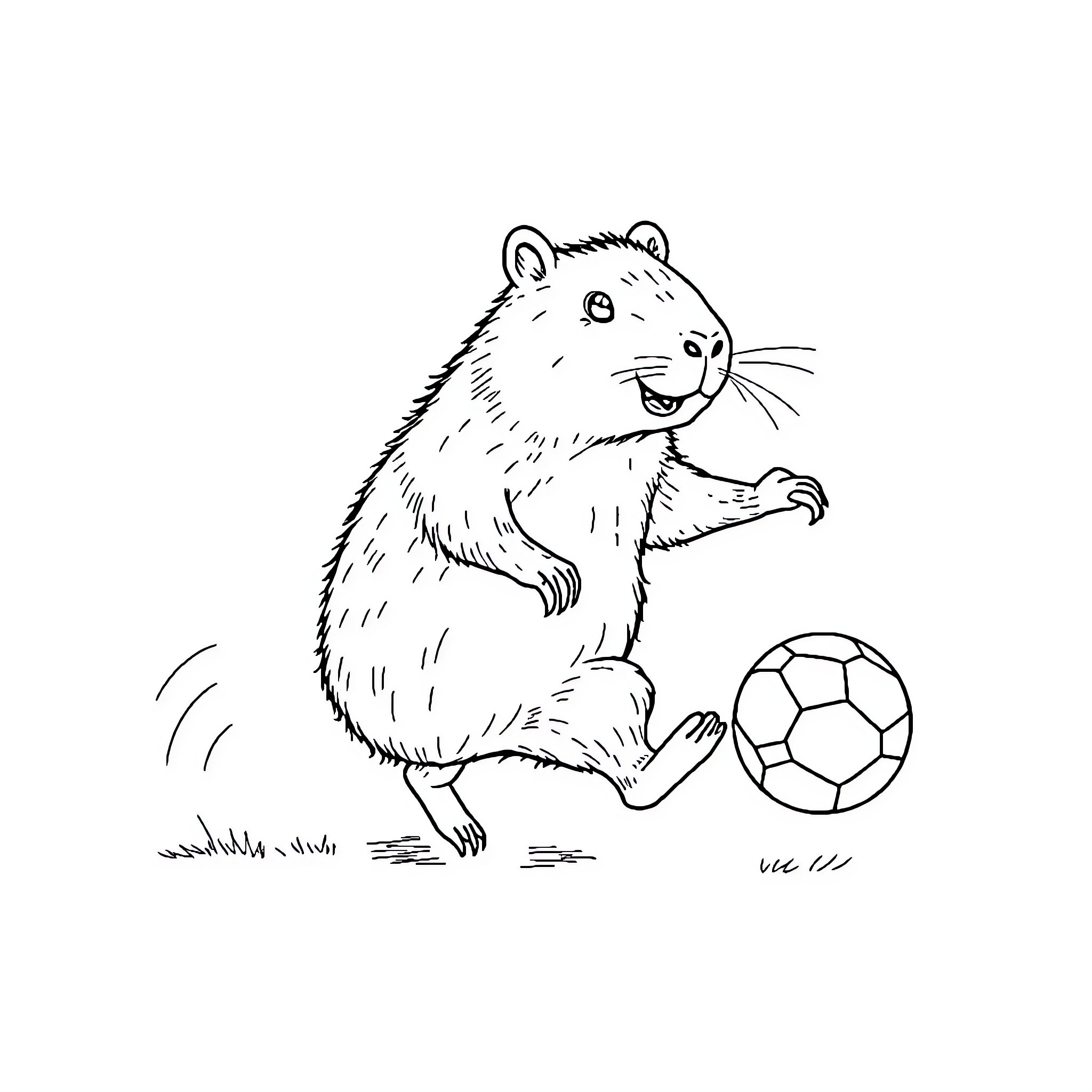 Capybara playing with soccer ball Coloring Page (free black-and-white line drawing printable PDF for all, from beginners to advanced learners, including children, teens, adults, and seniors)