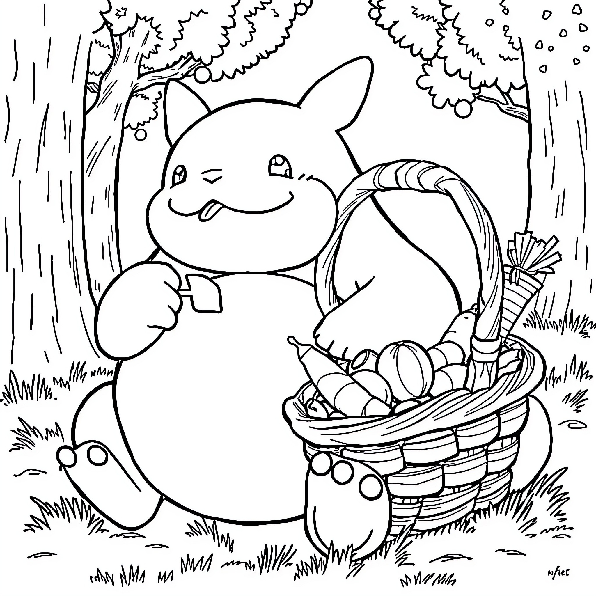 Snorlax enjoying a basket of treats in the forest Coloring Page (free black-and-white line drawing printable PDF for all, from beginners to advanced learners, including children, teens, adults, and seniors)